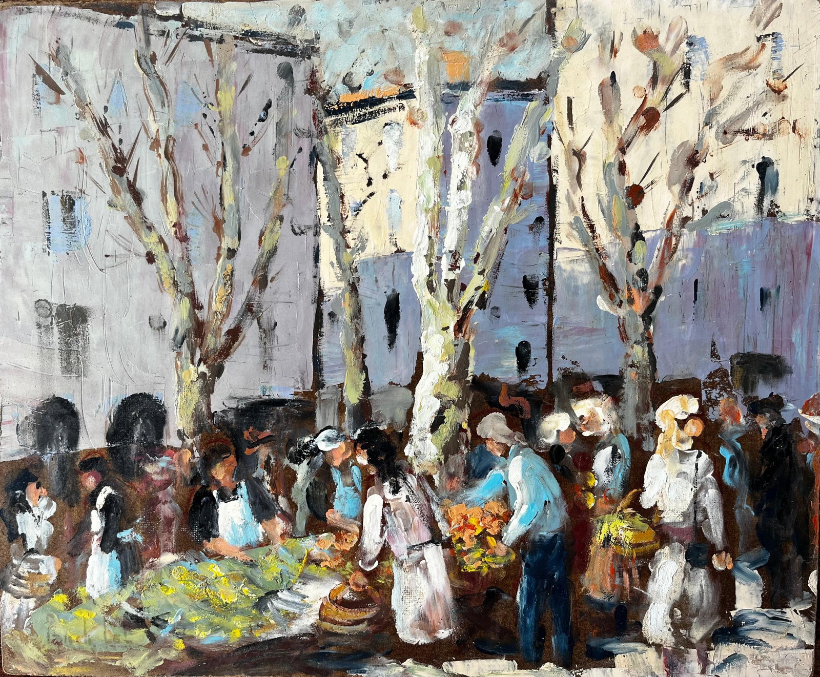 French Market Scene Aix en Provence Trees Figures Flowers 1989 Oil Painting: Original 1989 oil painting on board by Fanch Lel, signed lower left and signed, titled and dated verso Marche d'Aix en Provence 89. The scene captures a lively market day in Aix-en-Provence, with figu