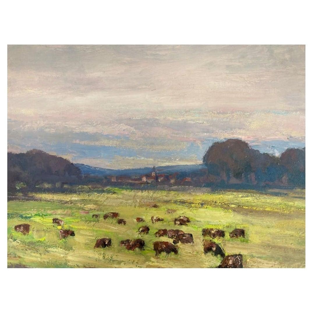 Vintage French Impressionist Cows Grazing in Provence Fields Oil Painting (1 of 4)