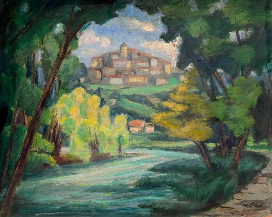 Provençal Riverside Village Landscape, French Post-Impressionist Oil c.1930 (1 of 8)