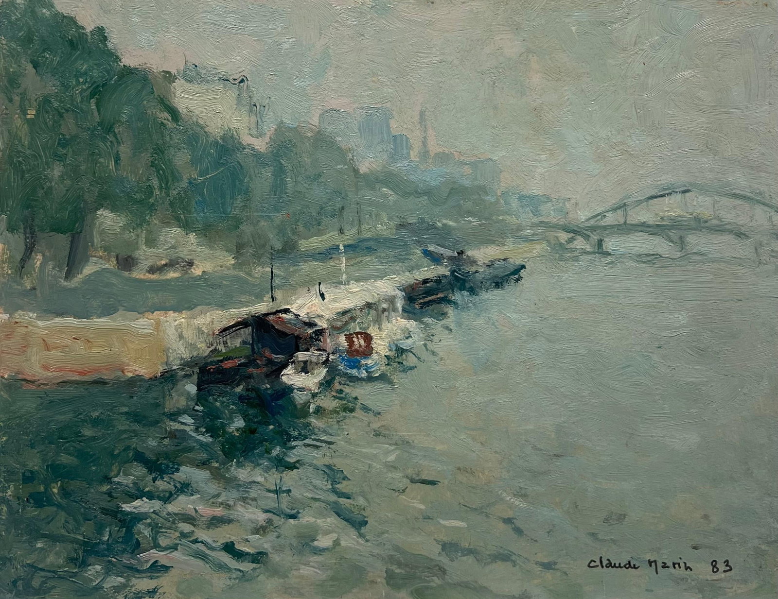 Claude Marin River Seine Paris Barges Oil Painting: Original 1983 French Impressionist oil painting on artist card laid on board by Claude Marin, signed and dated. The work depicts barges moored along the River Seine in Paris, with soft atmospheric ton