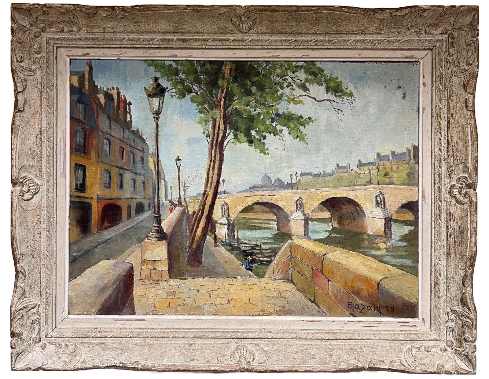 French School Pont Marie Bridge Paris River Seine Oil Painting: Original mid 20th century French Impressionist oil painting on canvas, signed and dated 1958, framed in its original Montparnasse frame. The painting depicts Le Pont Marie in Paris, looking across the
