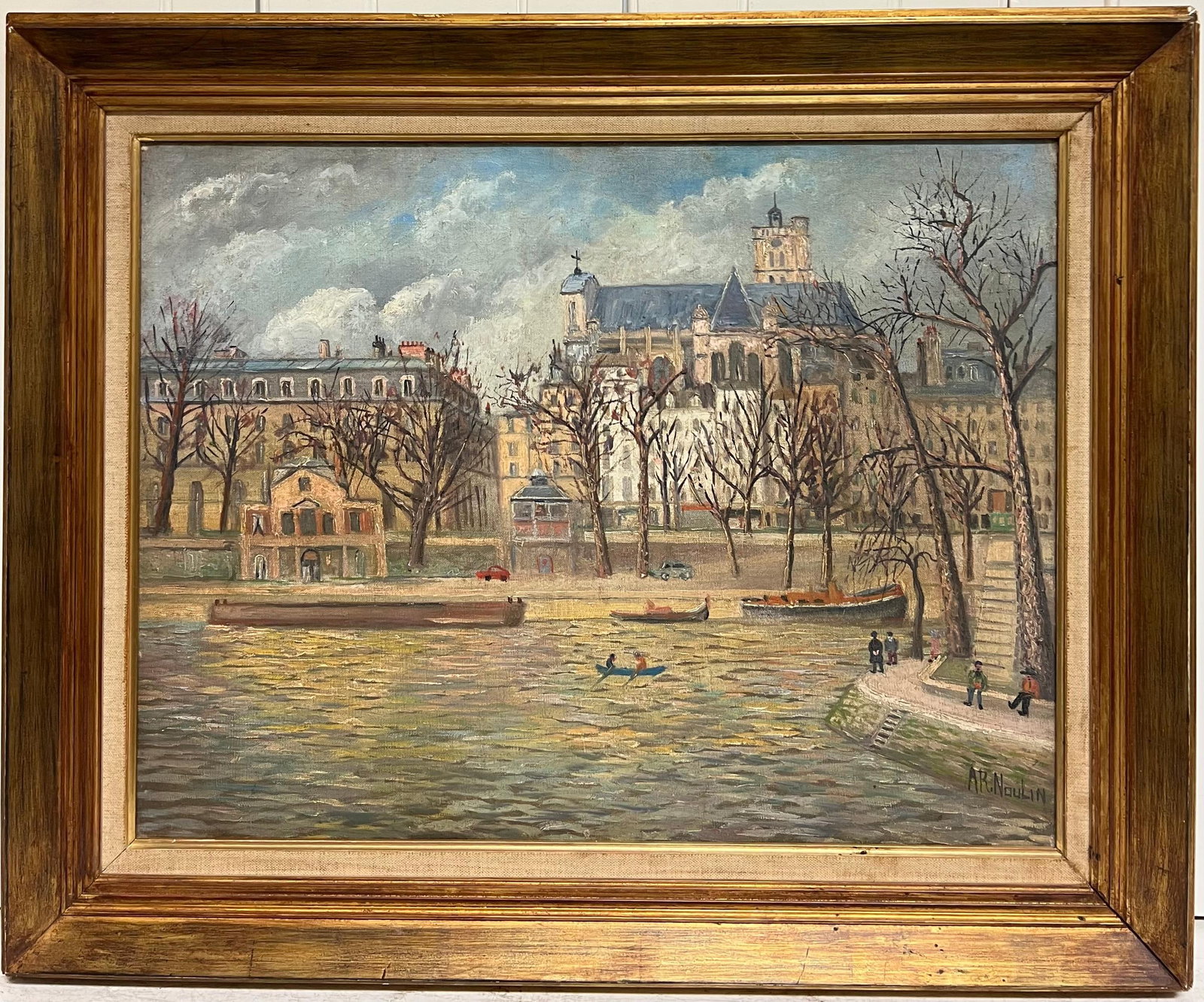 French School Paris River Seine Île de la Cité Oil Painting: Original circa 1960s French oil painting on canvas, signed and framed. The scene looks across the River Seine toward the Île de la Cité, with Notre-Dame rising above the riverside buildings and smal