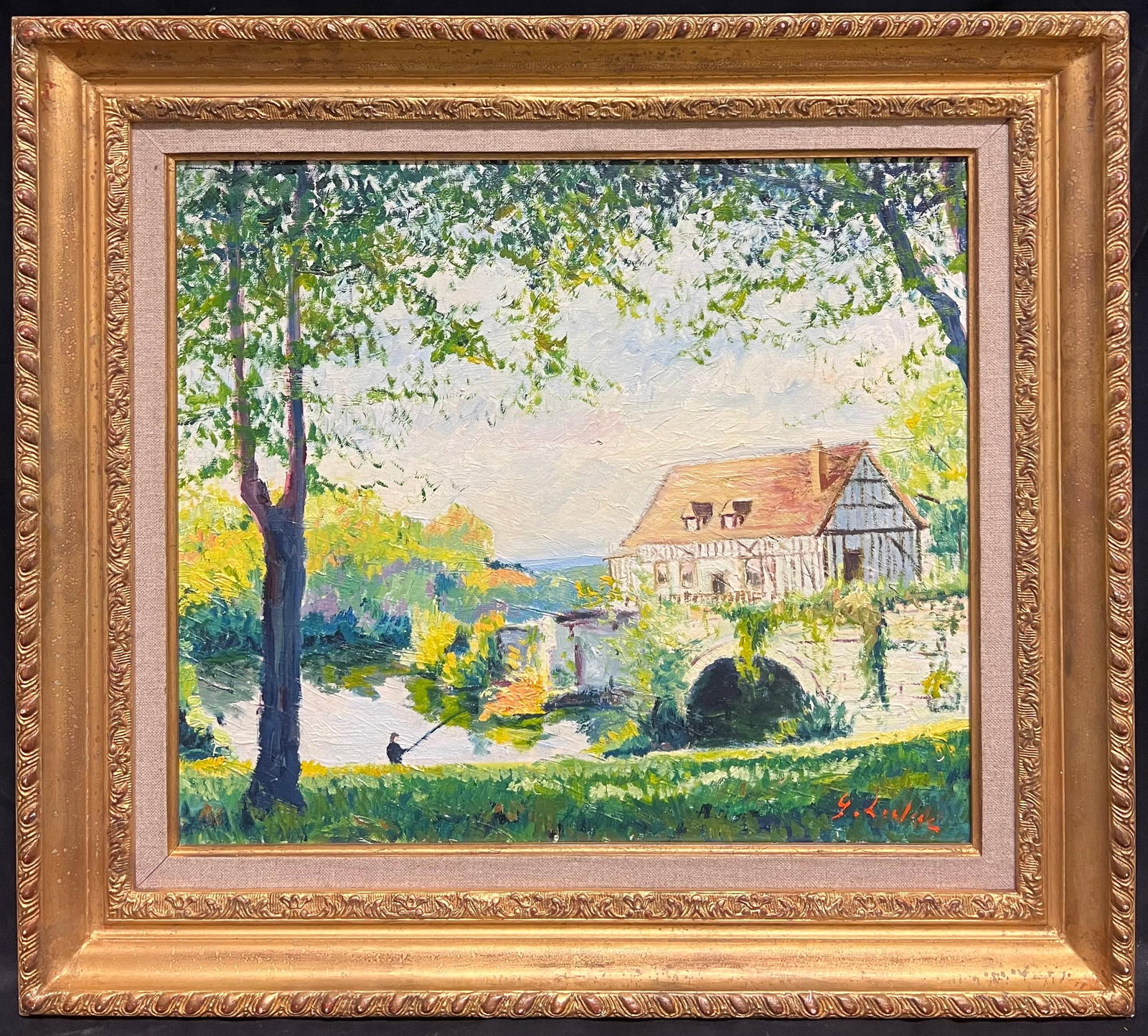 French School Vernon Normandy River Seine Landscape Oil Painting: Original 1991 French Post-Impressionist oil painting on canvas, signed and framed. The work depicts the banks of the Seine at Vernon near Giverny, with a fisherman seated by the river beneath trees an