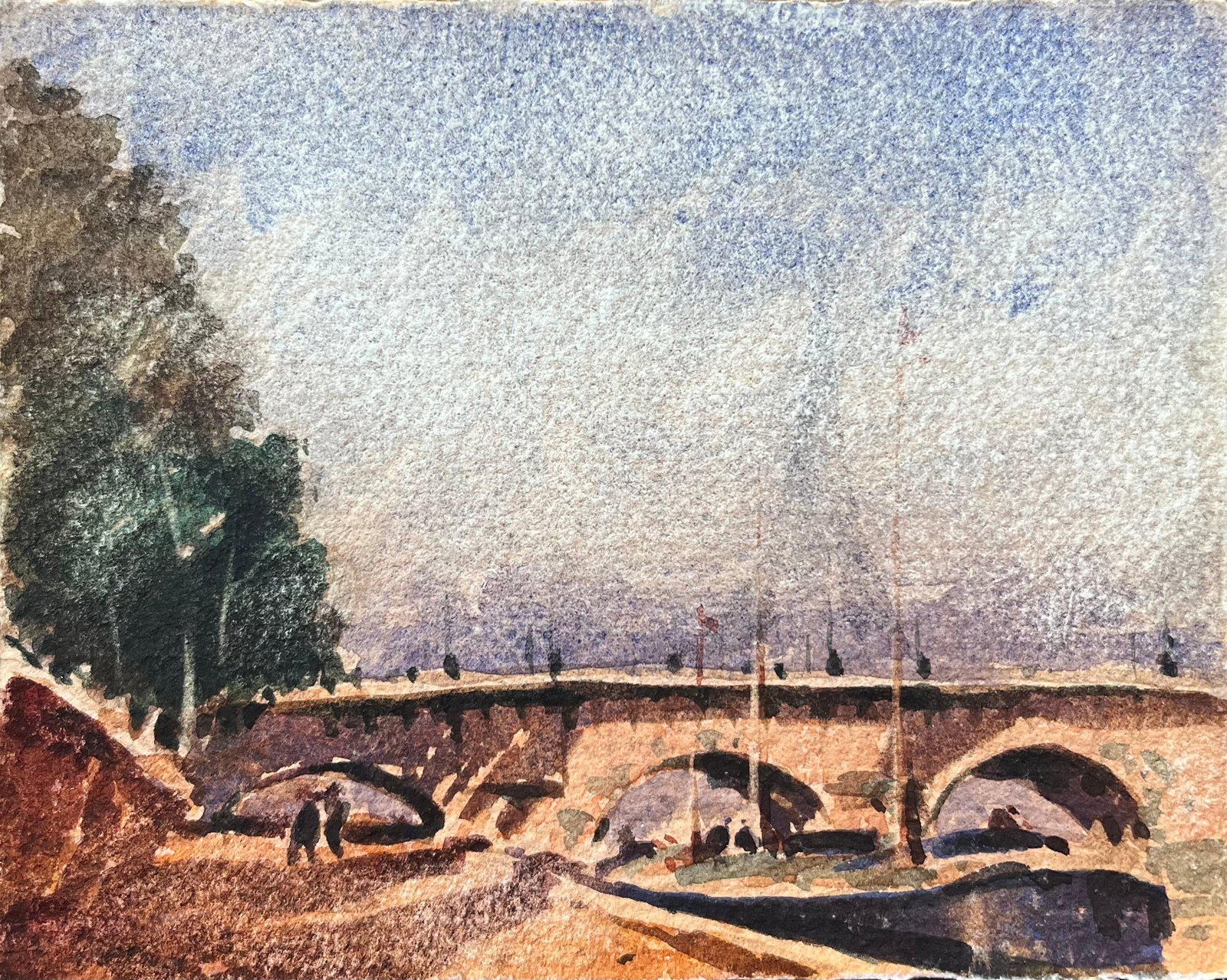 Maurice Mazeilie Pont Neuf Seine Eiffel Tower Watercolor: Original 20th century French Impressionist watercolor on paper by Maurice Mazeilie, stamped verso and offered unframed. The painting captures the Pont Neuf spanning the River Seine with the faint silh