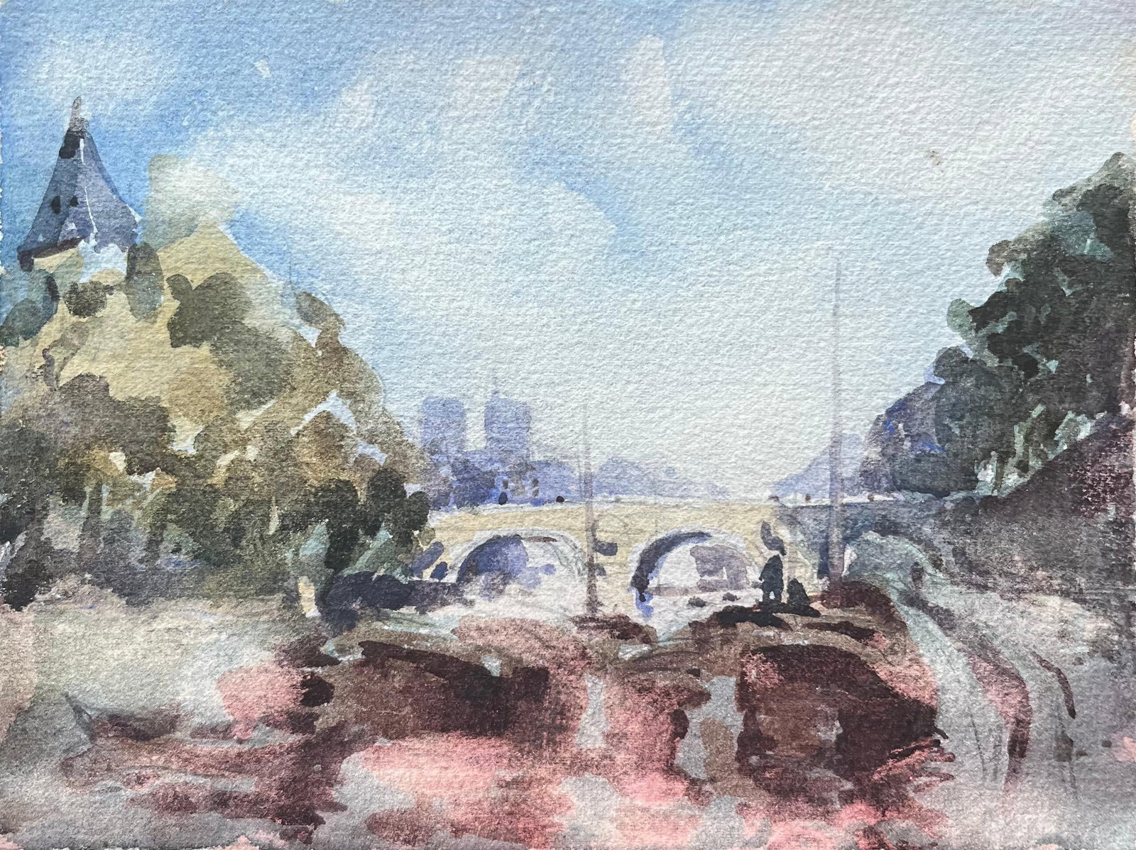 Maurice Mazeilie Notre Dame Pont de l'Archeveche Watercolor: Original 20th century French Impressionist watercolor on paper by Maurice Mazeilie, stamped verso and offered unframed. The delicate cityscape shows Notre-Dame and the Pont de l'Archevêché across th