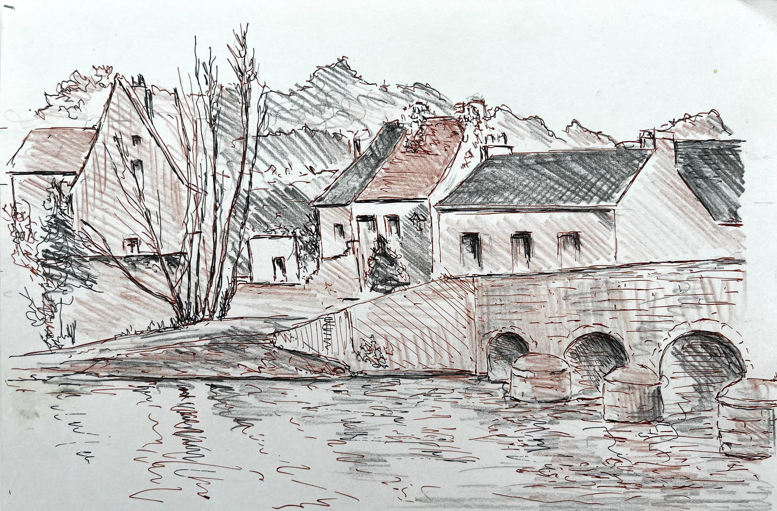 Bernard Labbe French Village River Bridge Ink Drawing: Original 20th century French ink and coloured pencil drawing on artist paper by Bernard Labbe, stamped verso. The work depicts a traditional riverside village with houses, a stone bridge and gently fl