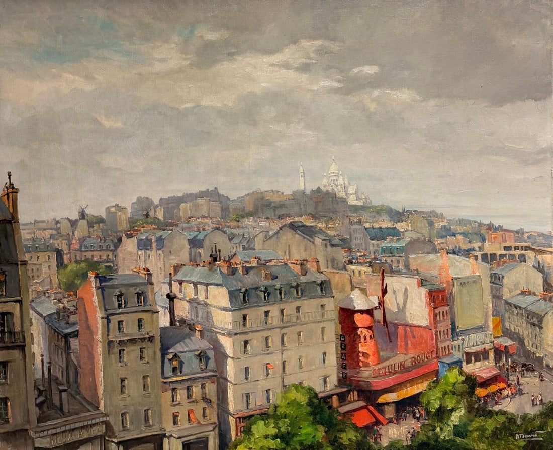 1940s French Oil Painting Paris Rooftops Montmartre: Original 1940s-1950s French oil painting on canvas, indistinctly signed lower corner. This atmospheric Paris rooftop view looks toward Montmartre and Sacre-Coeur, with the city roofs and Moulin Rouge 
