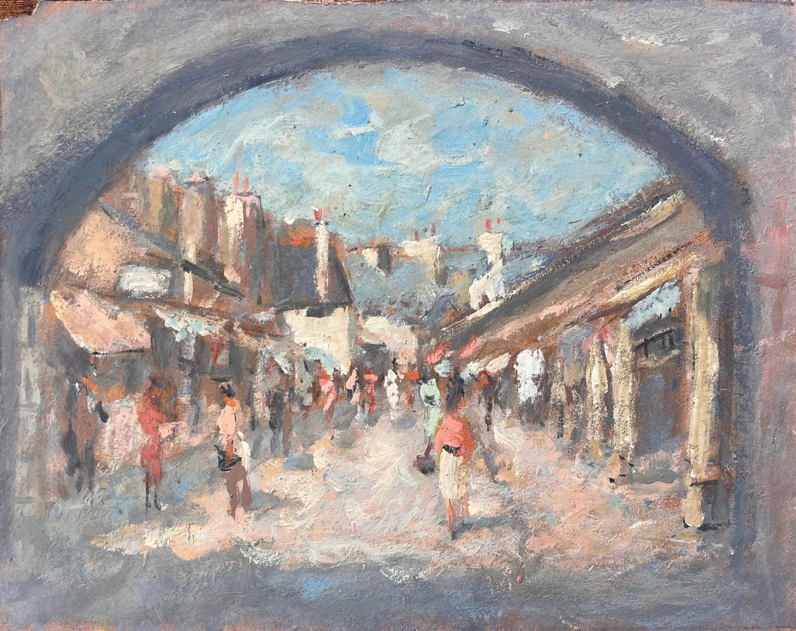Fanch Lel Impressionist Street Scene Through Archway Oil: Original 20th century French oil painting on board by Fanch Lel. The work shows a lively European street market viewed through an archway, with figures, awnings and sunlit buildings handled in a loose