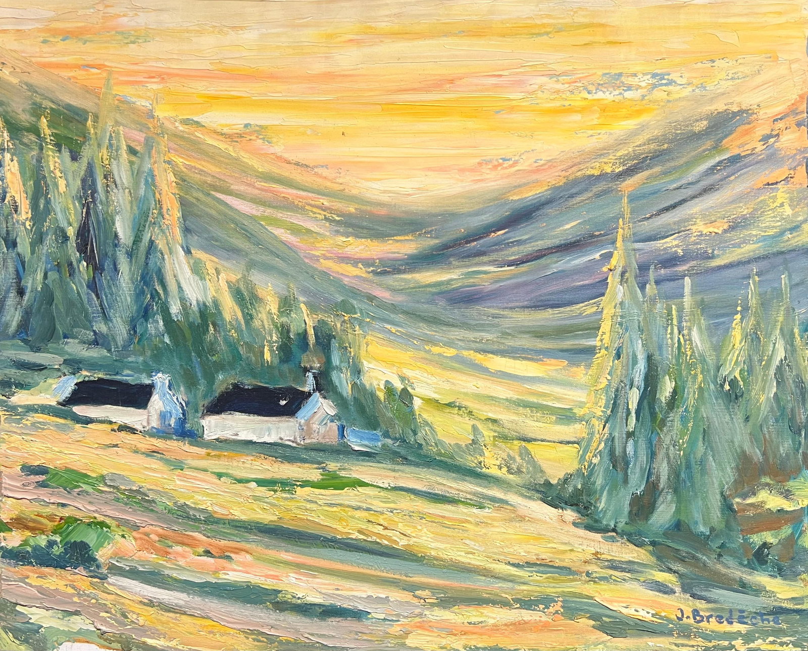 J. Bredeche French Golden Valley at Dusk Oil Painting: Original 1970s French Post-Impressionist oil painting on canvas, signed J. Bredeche. The composition captures a golden valley at dusk with rolling hills, cottages and evergreen trees, painted in expre