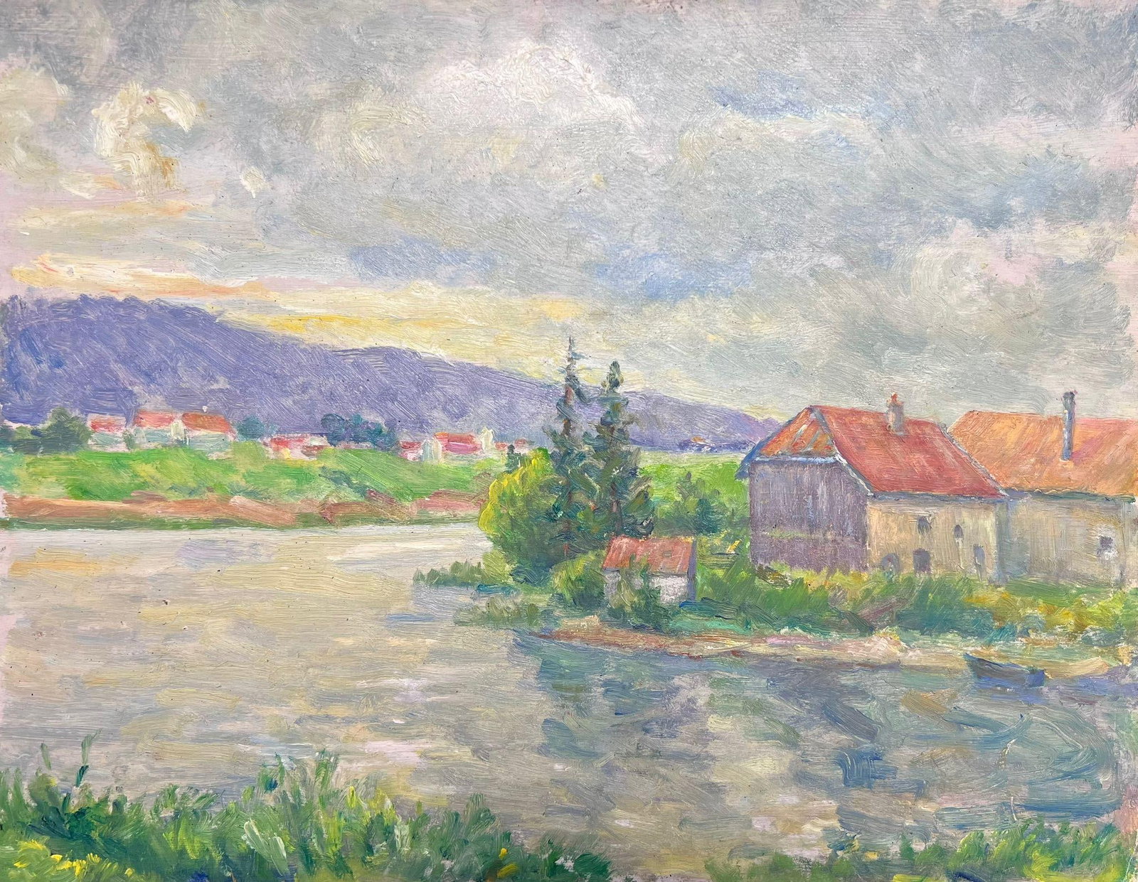 Regine David Riverside Village Distant Hills Oil Painting (1 of 6)