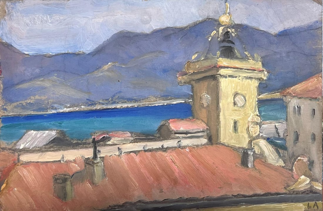 Louise Alix South of France Rooftops Sea View Oil Painting: Original 1940s French Impressionist oil painting on board by Louise Alix, signed with initials. The compact composition looks across warm rooftops toward a blue Mediterranean sea and distant hills, pa