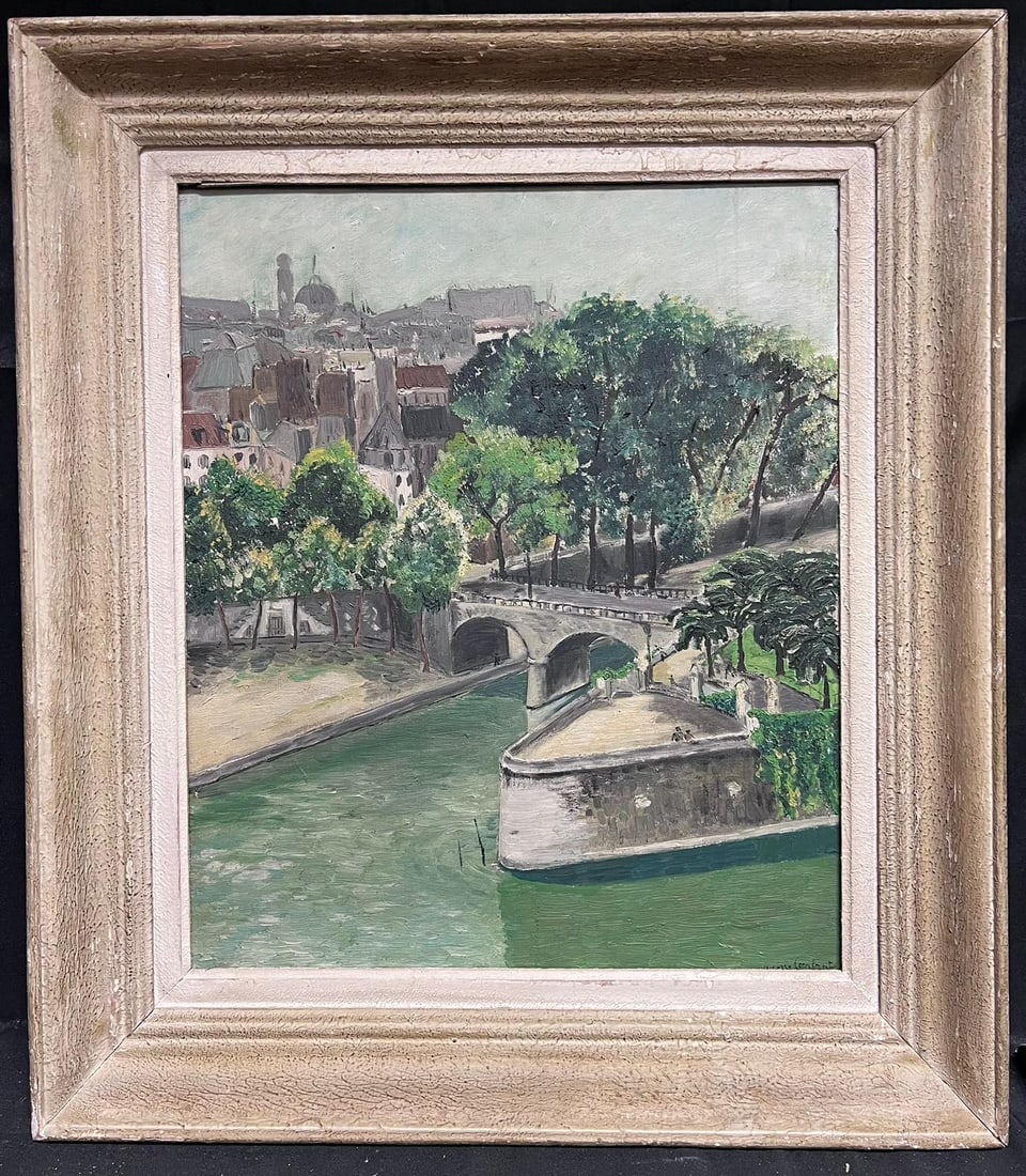 Mid Century French Impressionist Paris Seine Oil Painting: Mid 20th century French School oil painting of the River Seine in Paris, with a bridge, rooftops and trees. Oil on canvas, framed. Framed size: 28 x 25 inches; canvas size: 21.5 x 18 inches. Provenanc