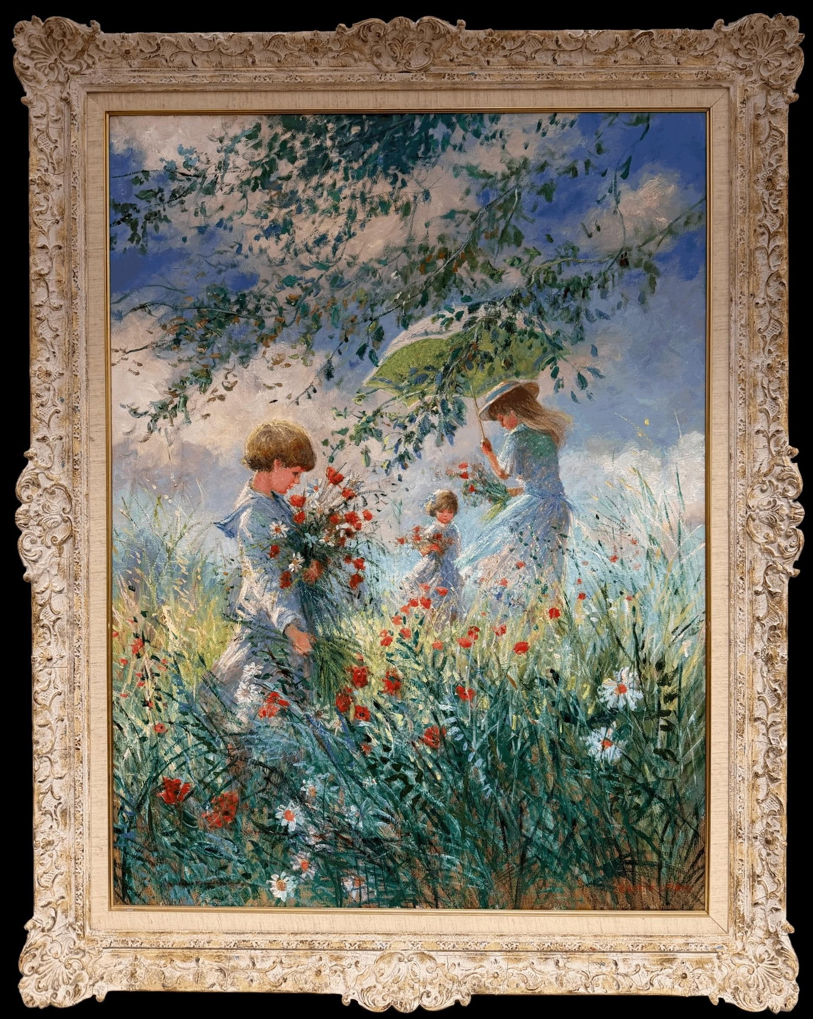 Jeanette Leuers Large French Impressionist Children Meadow Oil Painting: Large French Impressionist oil painting by Jeanette Leuers, depicting children gathering wildflowers in a sunlit meadow. Signed oil on canvas, framed. Framed size: 48 x 38 inches; canvas size: 40 x 30