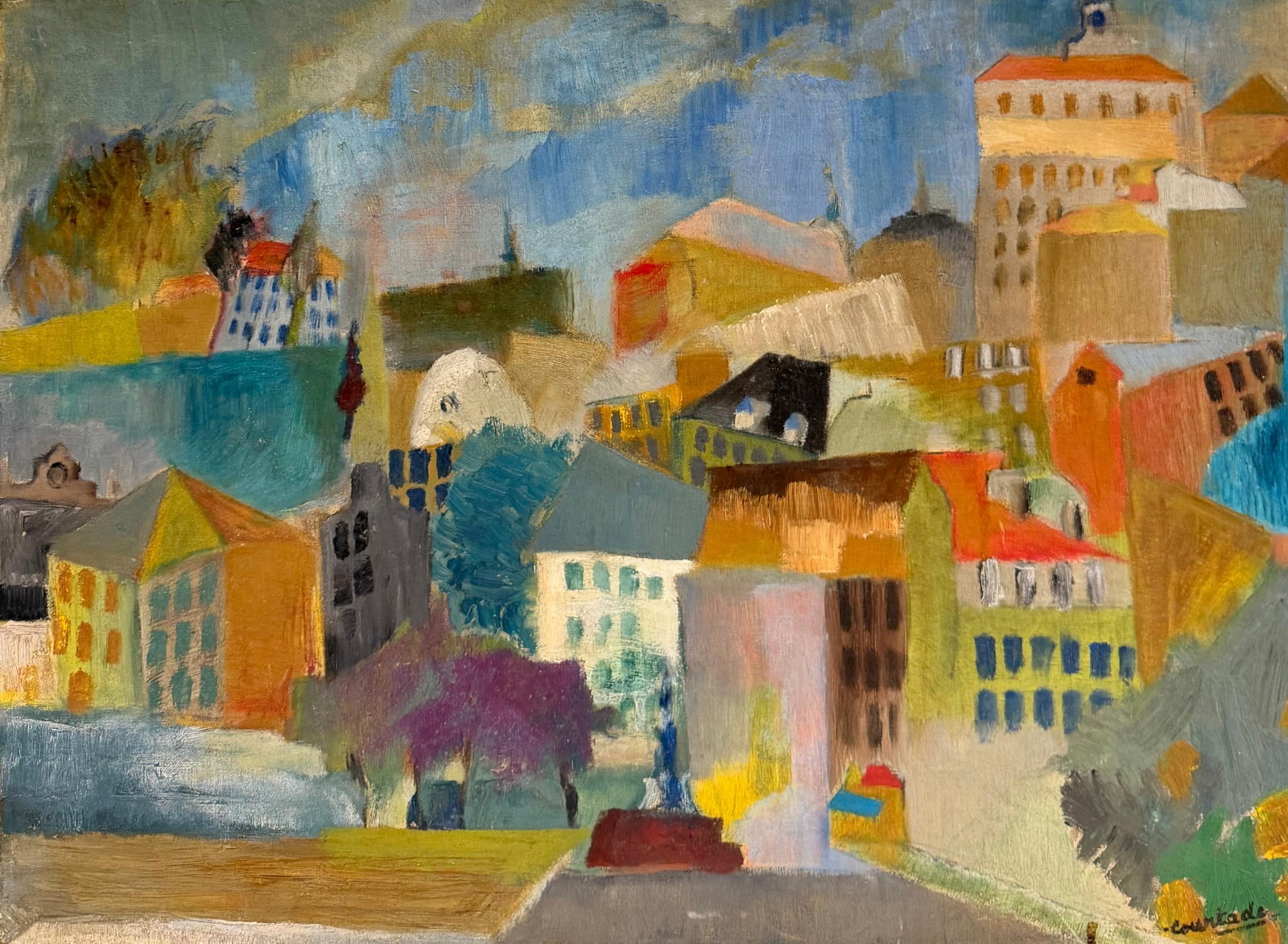 Jacques Courtade French Modernist Cityscape Oil Painting: Colourful 1950s French modernist cityscape by Jacques Courtade. Signed oil on canvas, unframed. Canvas size: 21 x 28 inches. Provenance: private collection. A lively architectural composition with fla