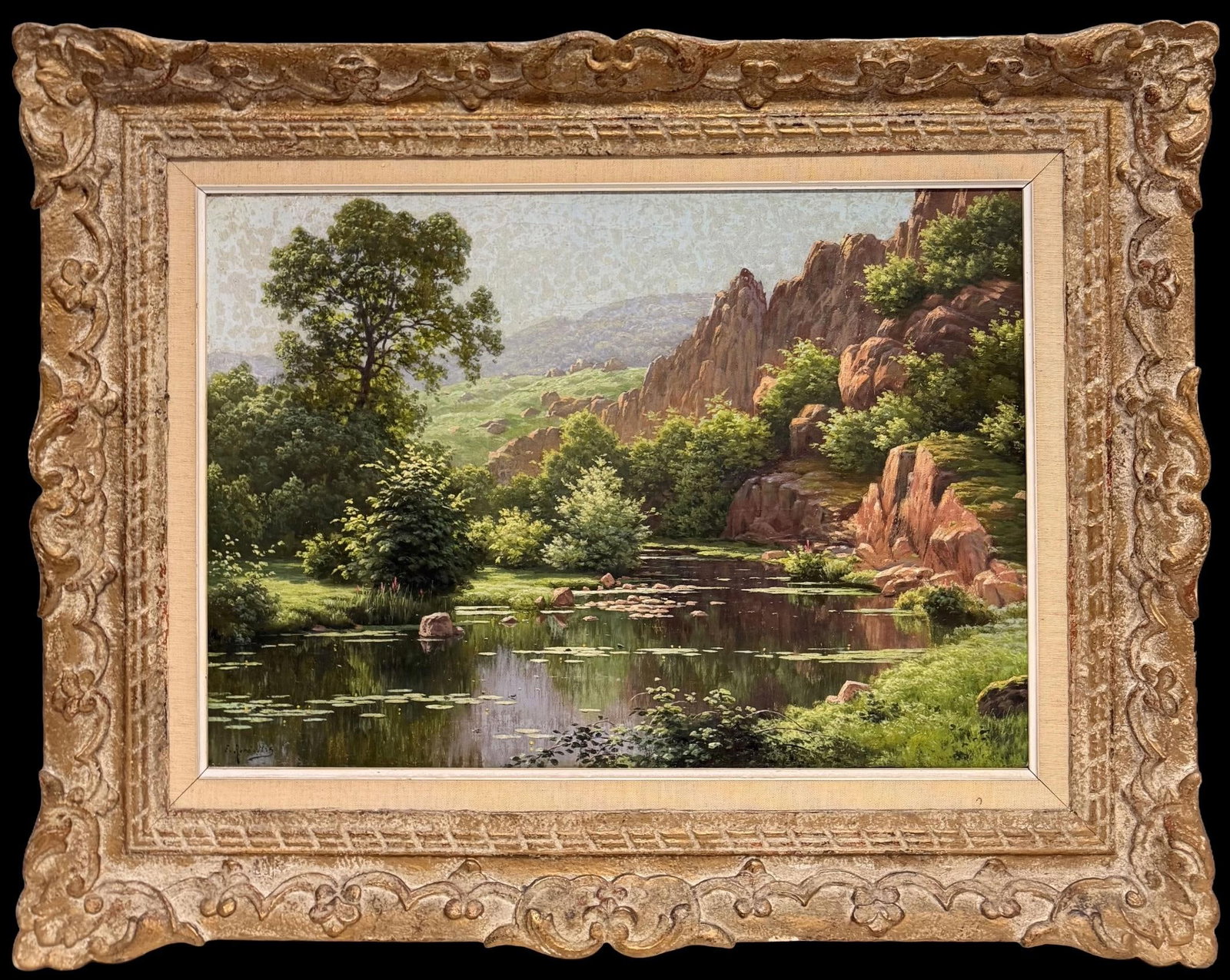 Rene Charles Edmond His French River Gorge Landscape Oil Painting: Fine French Impressionist river landscape by Rene Charles Edmond His. Signed oil on canvas, in gilt decorative frame. Framed size: 23 x 29 inches; canvas size: 16 x 22 inches. Provenance: private coll