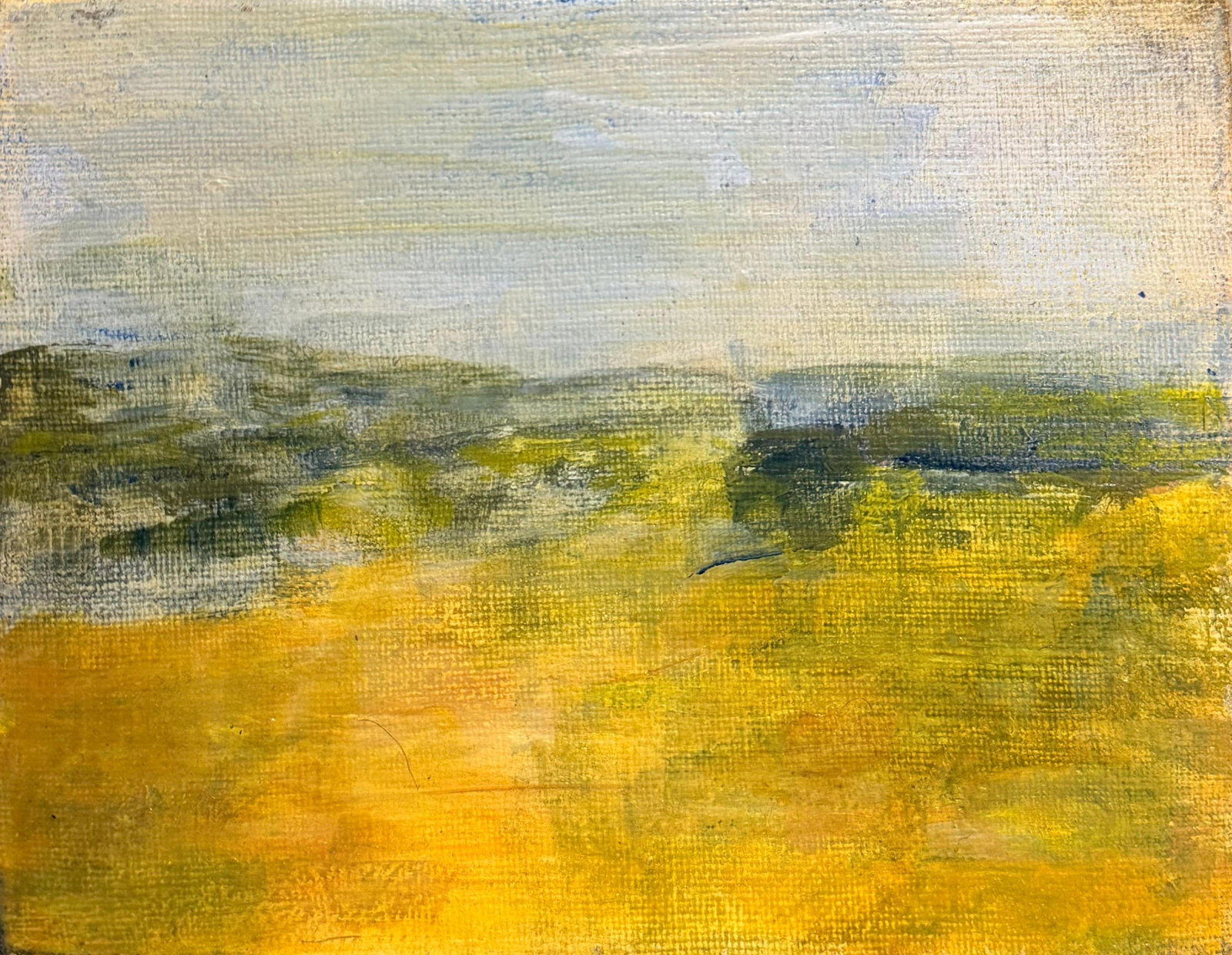 Jacqueline Boisselot Abstract Golden Green Fields Oil Painting: Golden Fields French Impressionist landscape oil painting on canvas by Jacqueline Boisselot. This small late 20th century French landscape presents a luminous view of open fields under a soft sky, ren