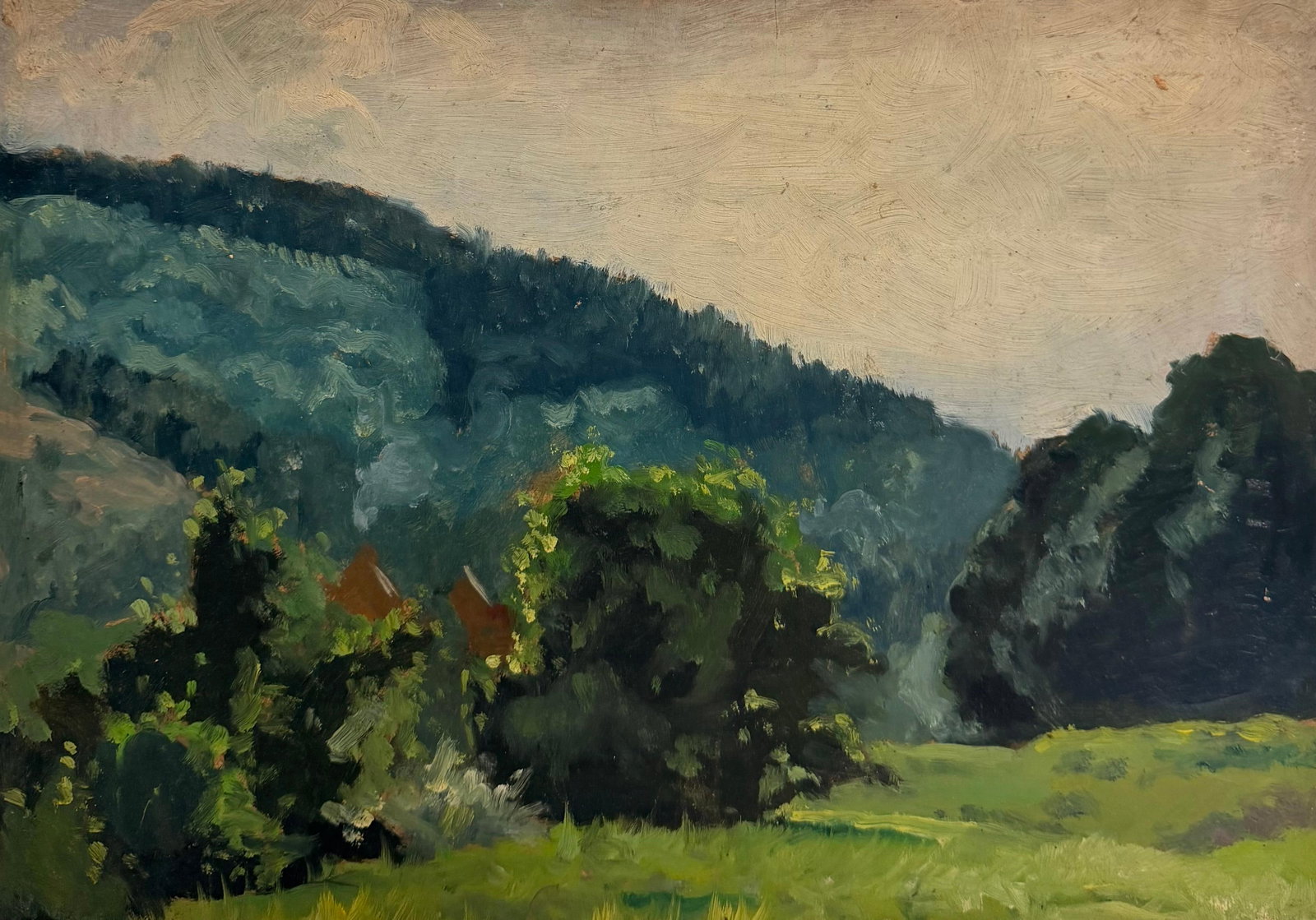 French Impressionist Hillside Meadow Trees Oil Painting (1 of 5)