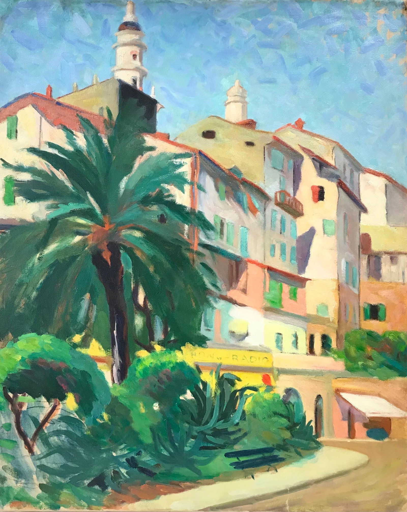 Large 1950s French Fauvist Provencal Street Oil Painting: Large 1950s French Fauvist oil painting of a sunny Provençal street scene in the South of France, possibly Menton. French School, circa 1950s, oil on canvas, unframed. The work is filled with bright 
