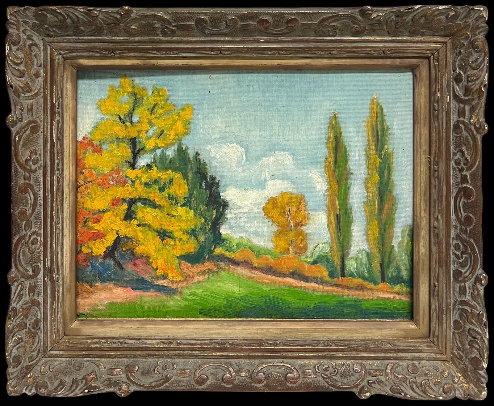 Pierre Piot Autumn Trees French Post Impressionist Oil Painting: Autumn landscape by Pierre Piot (French, 1921-1998). Oil on board, framed, stamped verso. A bright mid 20th century French Post-Impressionist landscape with golden trees, cypresses and a vivid green f