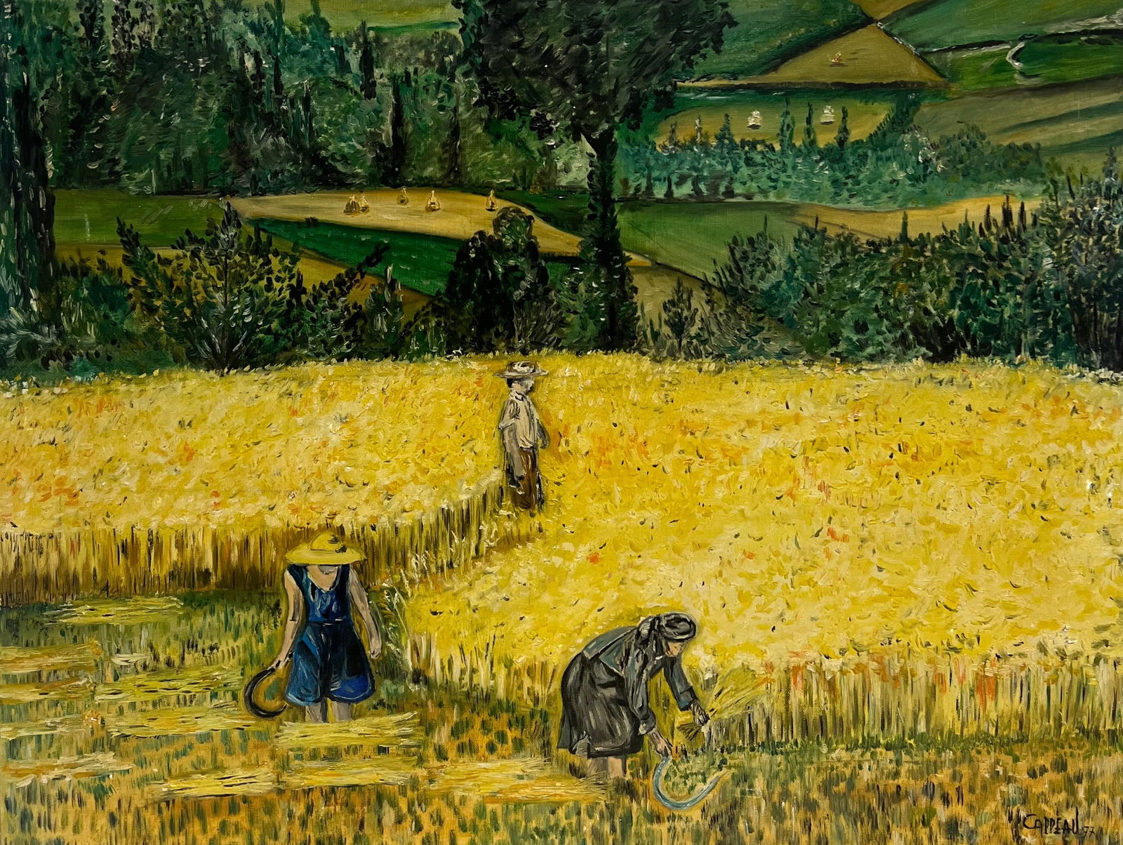 Large 1970s French Post Impressionist Harvest Oil Painting (1 of 12)