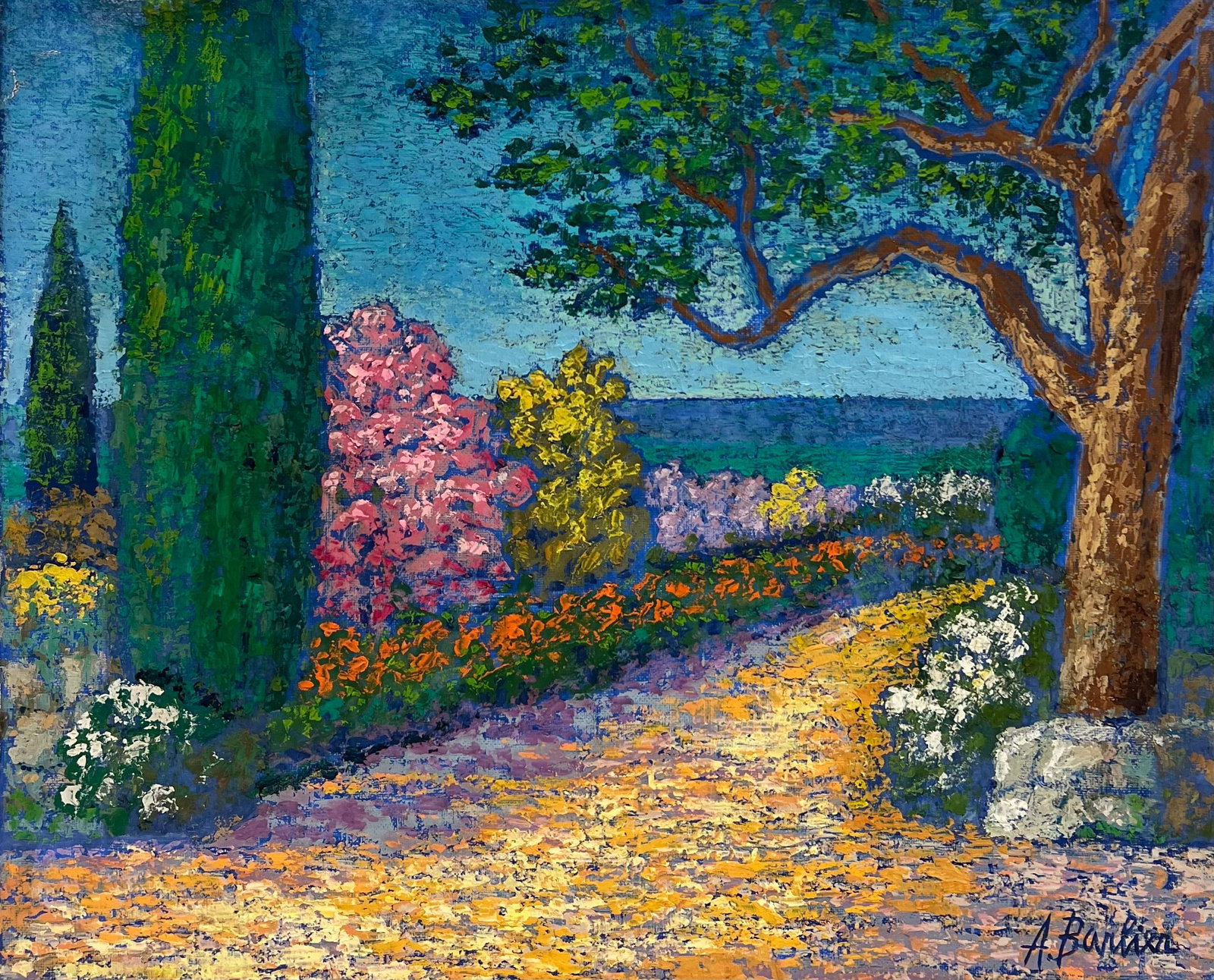 French Post-Impressionist Flower Garden Cote d Azur Oil Painting: Fine 1970s French Post-Impressionist oil painting on canvas, indistinctly signed, depicting a colourful flower garden on the Cote d Azur. Unframed canvas: 15 x 18 inches. Provenance: private collectio