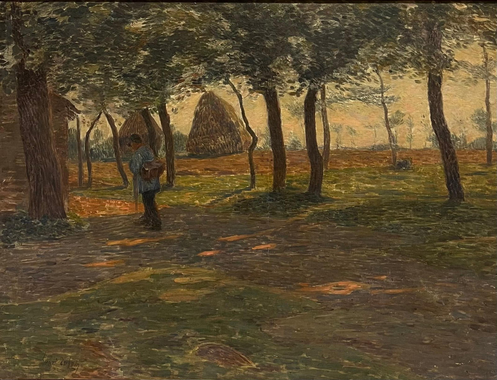 Henri Aime Duhem Haystacks at Sunset French Impressionist Oil Painting: Evening Light, Haystacks by Henri Aime Duhem (French, 1860-1941), signed. Oil on canvas, framed. Canvas: 18 x 24 inches; framed size: 25 x 31 inches. Provenance: private collection, Paris. A fine anti