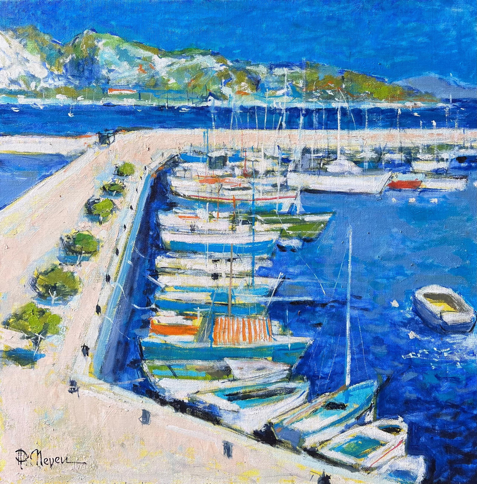 Pierre Neveu Bright Blue Mediterranean Harbour Oil Painting: The Old Port, probably Cassis, by Pierre Neveu (French, b.1929), signed lower left. Oil on canvas, unframed. Canvas: 19.75 x 19.75 inches. Provenance: from the artist’s studio sale in France. A brig