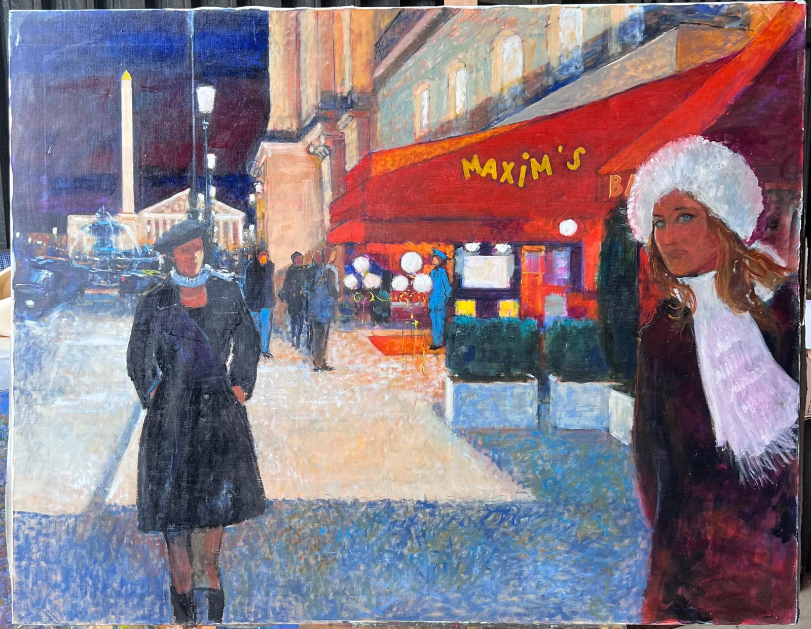Pierre Neveu At Paris Maxims Night Street Scene Oil Painting: At Night at Maxims by Pierre Neveu (French, b.1929). Oil on canvas, unframed. Canvas: 45 x 57.5 inches, titled verso. Provenance: from the artist’s studio sale in France. A large Parisian night scen