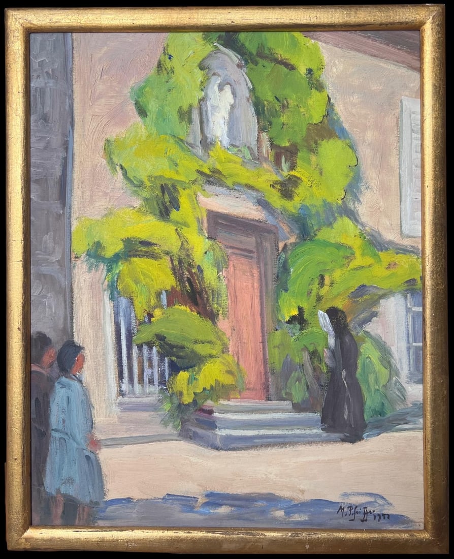 1950s French Signed Oil Painting Old Convent Doorway: The Old Convent, mid 20th century French School oil on board, signed lower right by M.P. Feiffer and dated 1952. Framed size: 16.5 x 13 inches. Provenance: private collection, Paris. A charming French