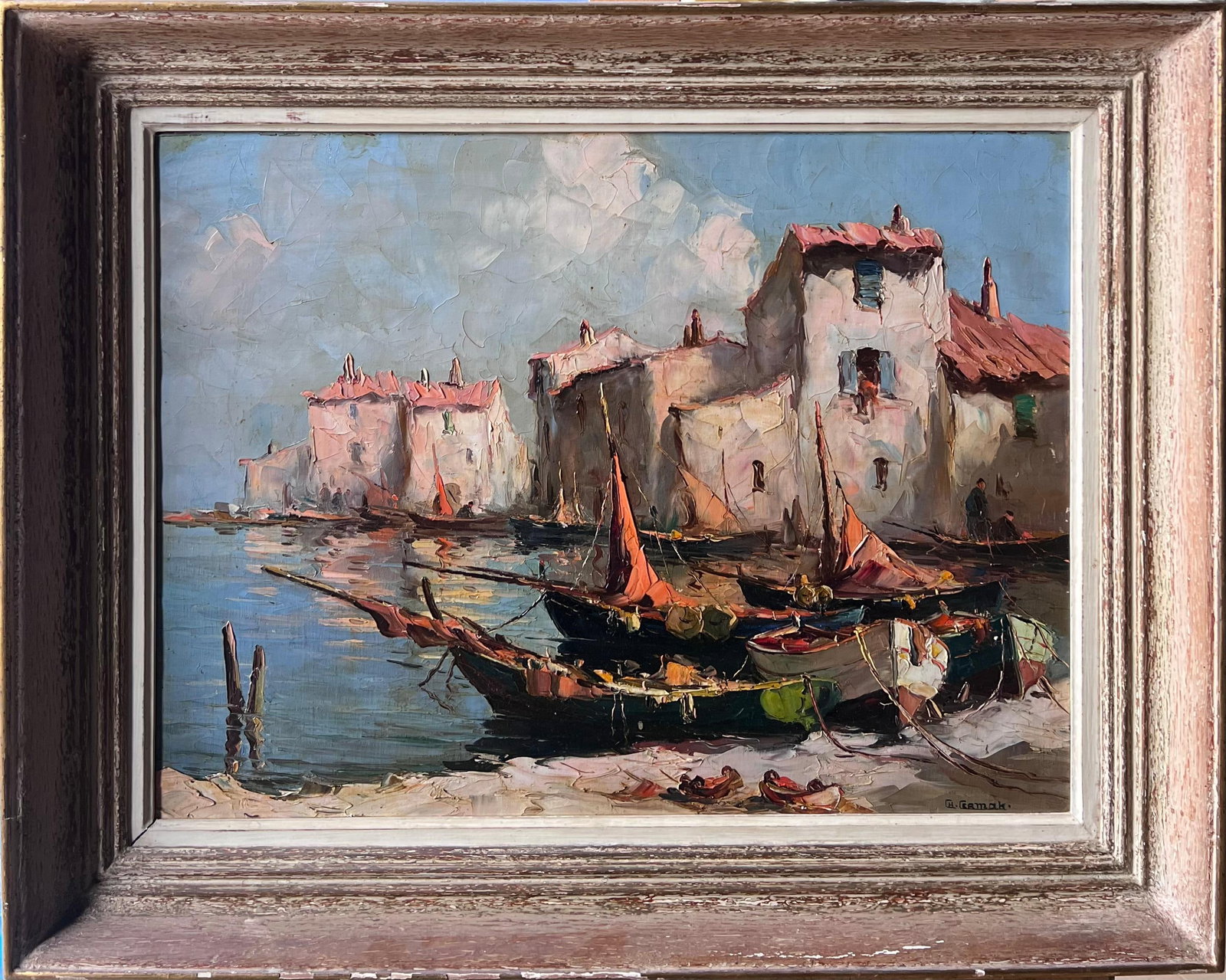 Vintage French Oil Painting Mediterranean Fishing Harbour: The Old Fishing Harbor, mid 20th century French School oil on canvas, signed lower right, possibly Charles Cermak. Framed size: 24 x 29.5 inches; canvas size: 18 x 24 inches. Provenance: private colle
