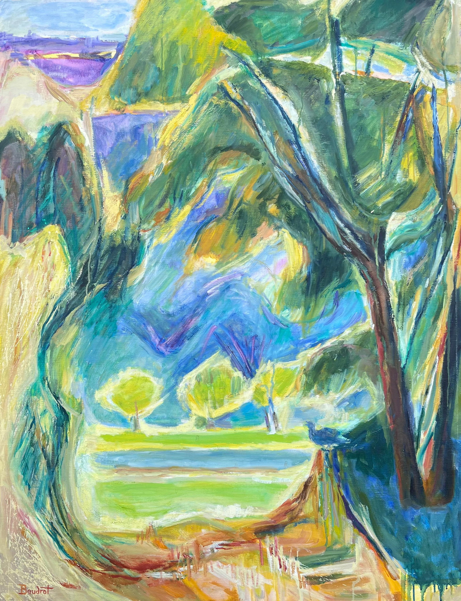 Huguette Baudrot Huge French Post Impressionist Garden Oil Painting: Large original oil painting by Huguette Baudrot (French, 1929-2023), signed oil on canvas, unframed. Canvas size: 46 x 35 inches. Provenance: the artist studio, France. A striking Post-Impressionist g