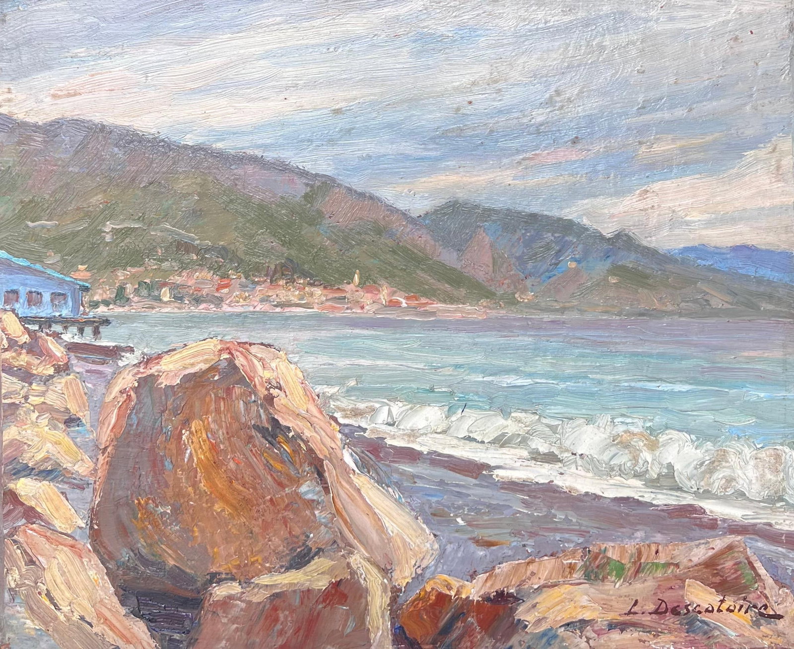 L Descatoire French Impressionist Mediterranean Coastline Oil Painting: The Coast Line by L. Descatoire, French School, signed oil on board, unframed. Board size: 13 x 16 inches. Provenance: private collection. A softly handled Impressionist view of the Mediterranean coas