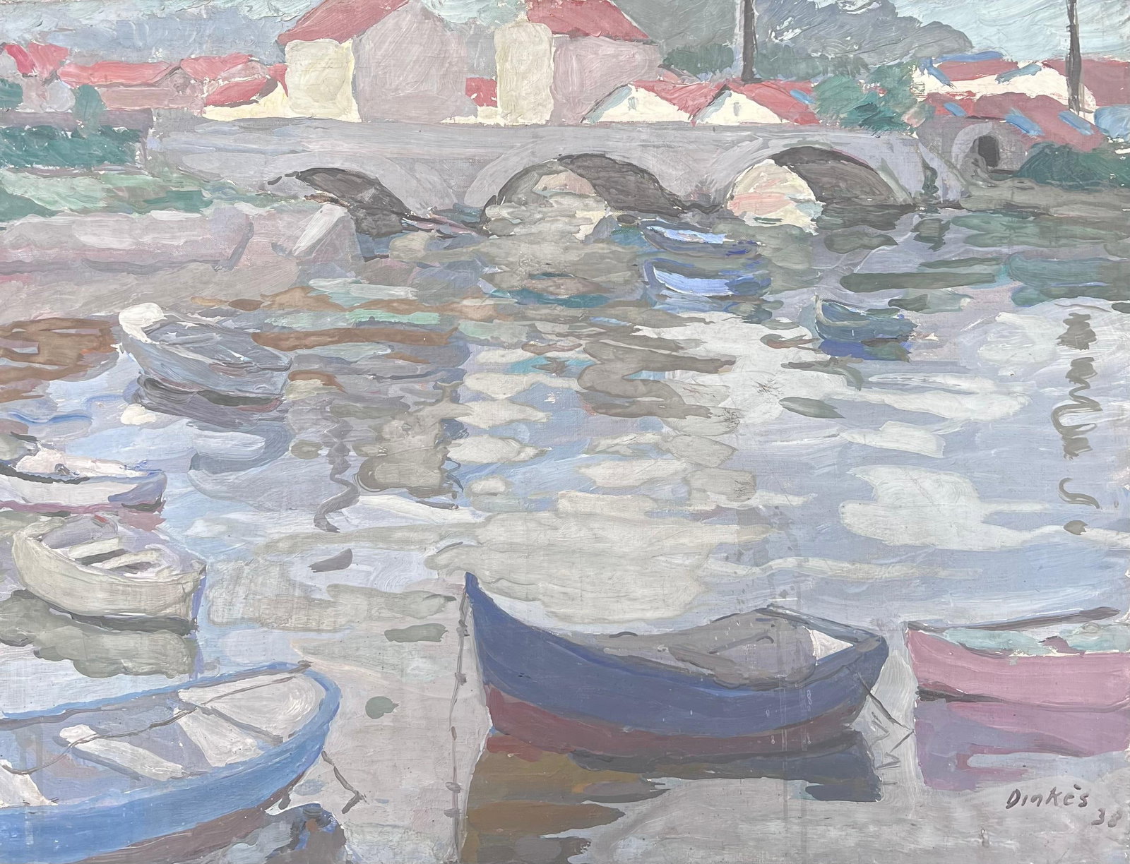 Suzanne Dinkes Grey Stone Bridge Canal French Oil Painting: French Impressionist oil painting by Suzanne Dinkes (French, 1895-1984), signed and dated 38. Oil on canvas, unframed. Size: 20 x 25.5 inches. Provenance: private collection, France. A cool-toned cana