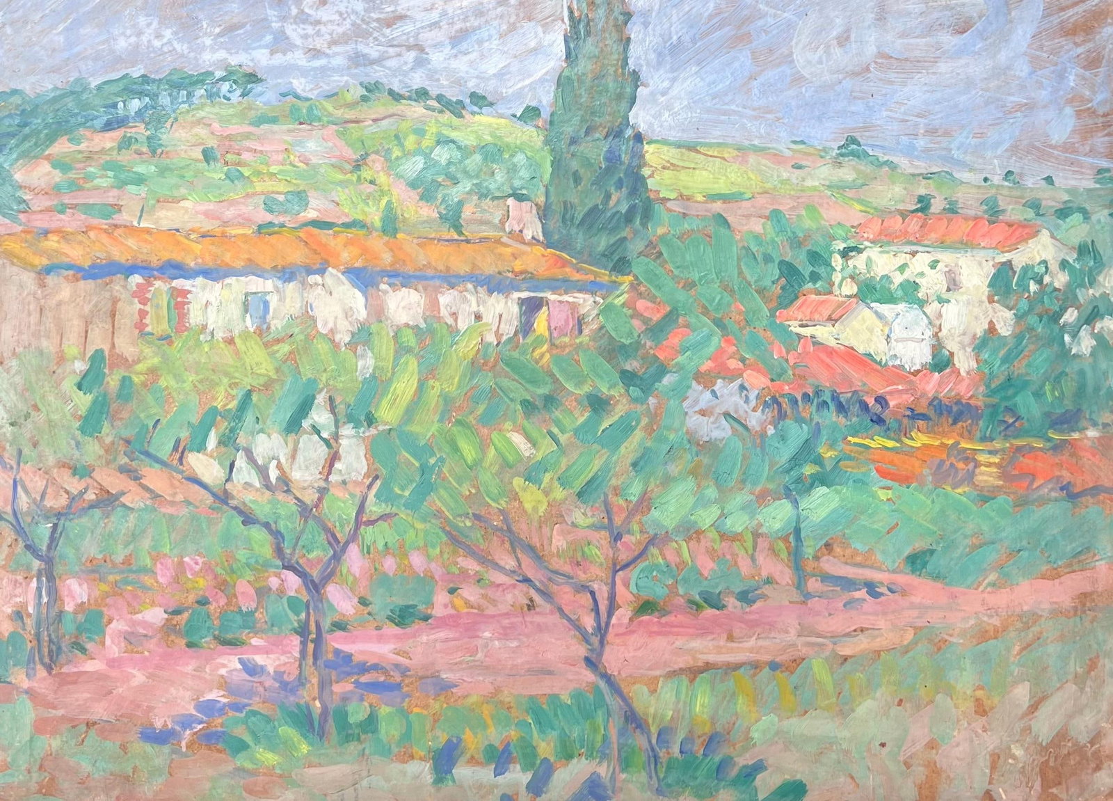 Suzanne Dinkes Provence Chateau Olive Grove Oil Painting: Mid century French Impressionist oil on board by Suzanne Dinkes, depicting a Provence chateau hidden among olive groves. Unframed board size: 19 x 25 inches. Provenance: private collection, France. A 