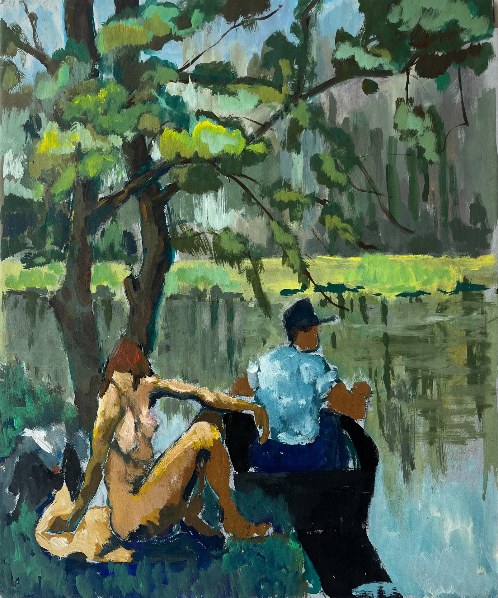 Guy Nicod Couple by the Riverside French Modern Oil Painting: Couple by the Riverside by Guy Nicod (French, 1923-2021). Oil on artist paper attached to board, unframed. Size: 20 x 16.5 inches. Provenance: artist estate, France. A serene French modernist riversid
