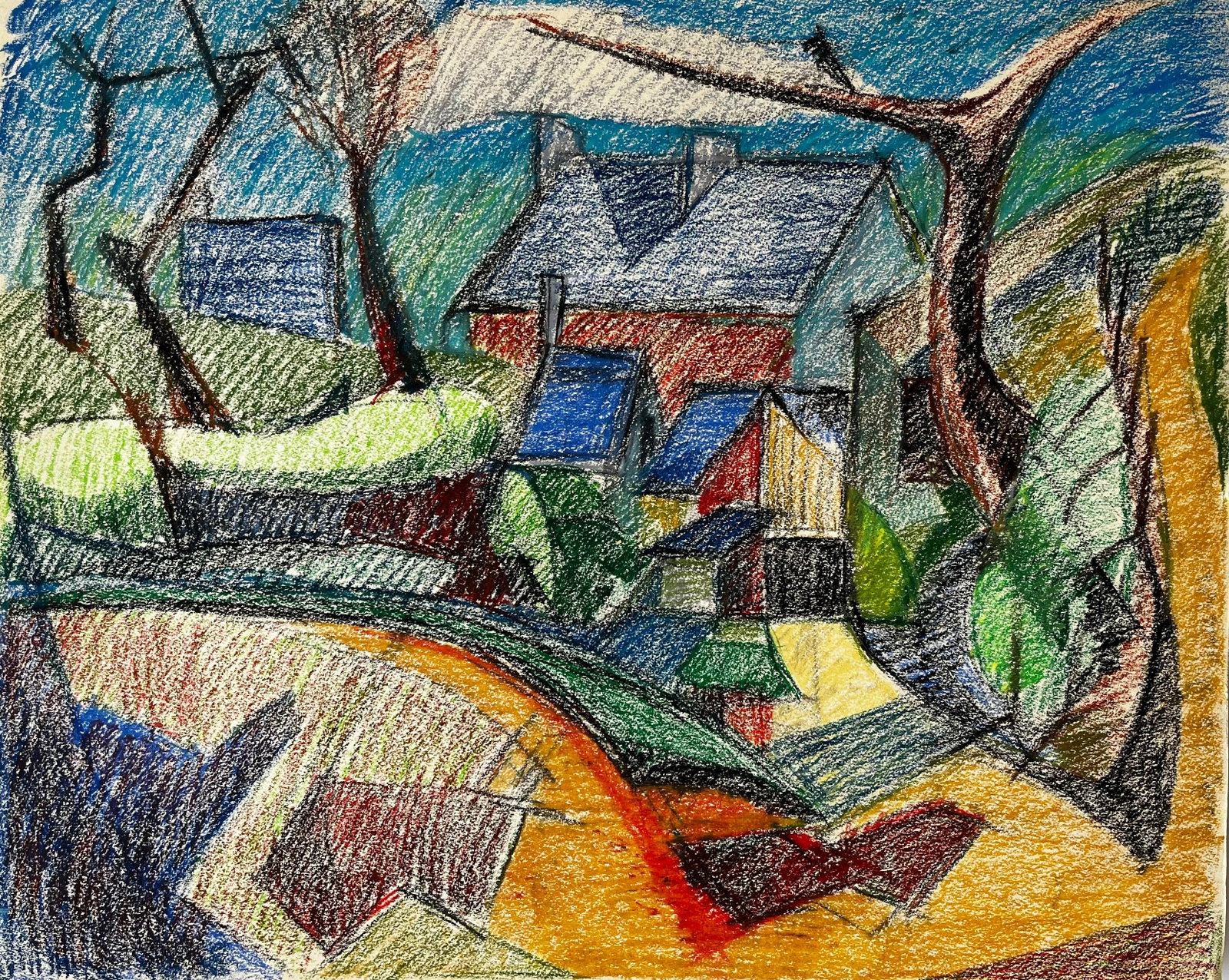 Guy Nicod Cubist Village Red Roofs Blue Sky Pastel Drawing (1 of 8)