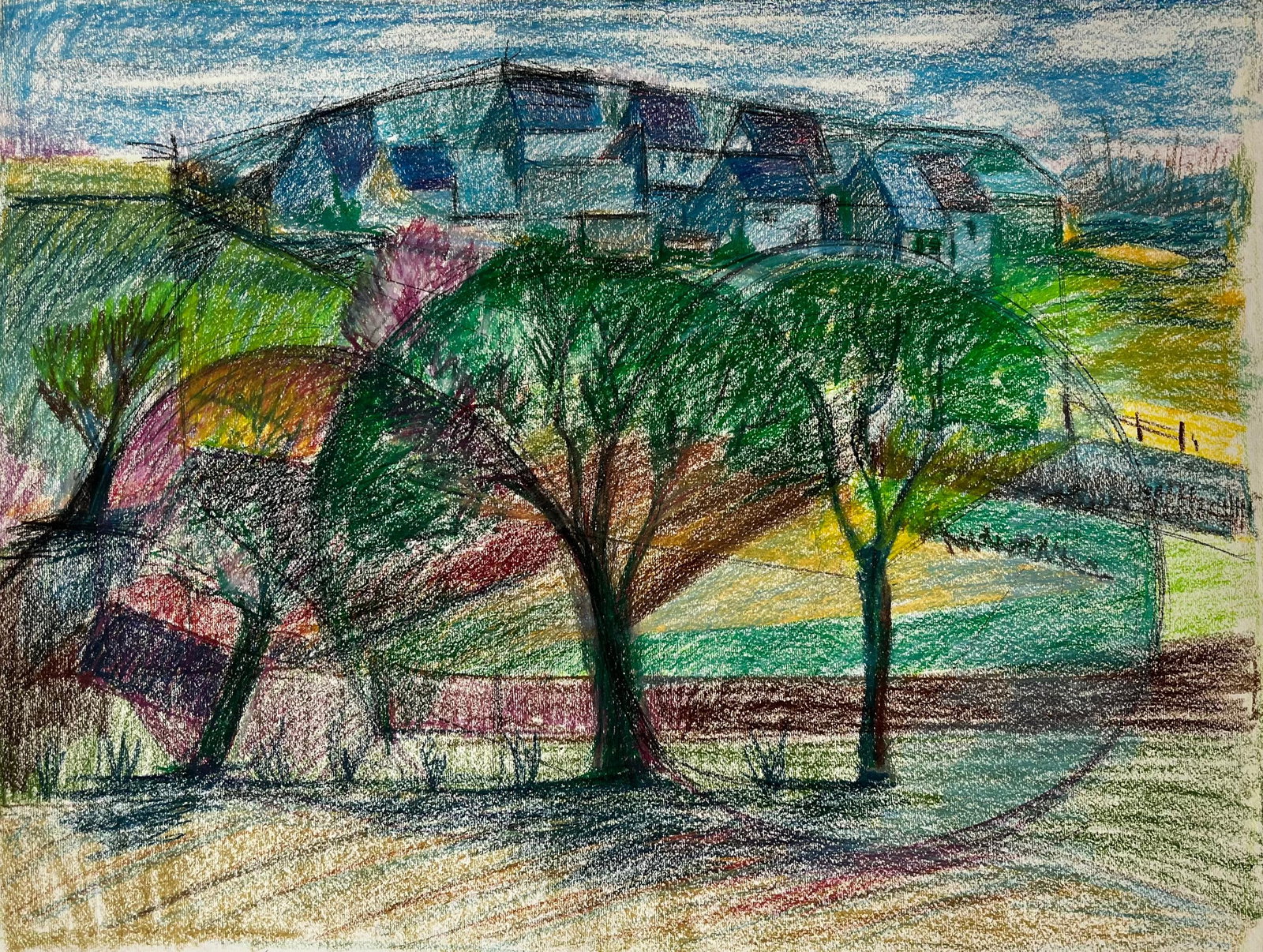 Guy Nicod French Village Hilltop Houses Pastel Drawing: Guy Nicod oil pastel on artist paper, depicting a French village landscape with trees and hilltop houses. Size: 19.75 x 25.5 inches. Provenance: artist estate, France. A colourful modernist landscape 