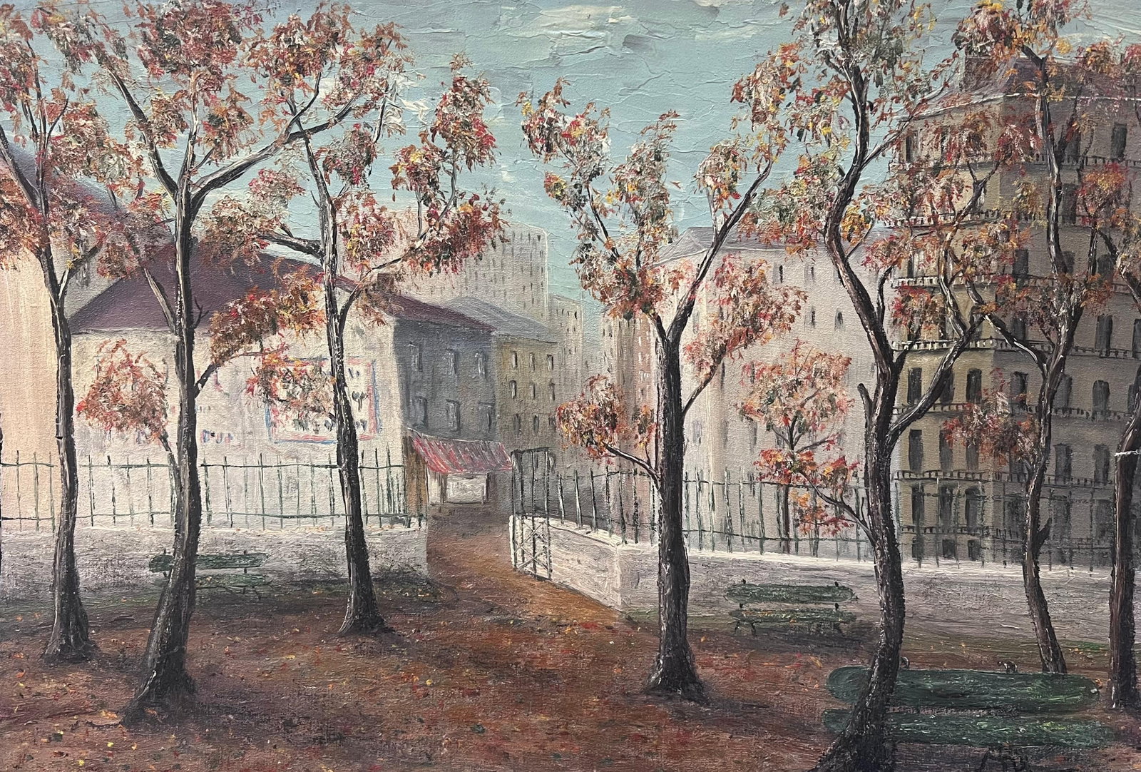 Jean Fourie Tall Autumn Trees Village Entrance Oil Painting: Jean Fourie oil painting on unstretched canvas, depicting tall autumn trees at a village entrance. Size: 15.5 x 22 inches. Provenance: private collection of the artist work, Champagne region, France. 