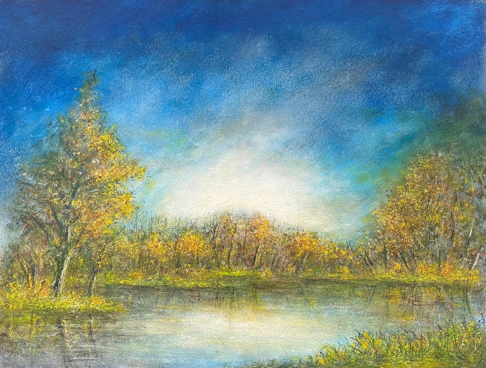 Jean Fourie Golden Tree Lake Reflections Oil Painting: Jean Fourie oil painting on card, depicting golden trees and lake reflections beneath a bright blue sky. Size: 14 x 19.5 inches. Provenance: private collection of the artist work, Champagne region, Fr