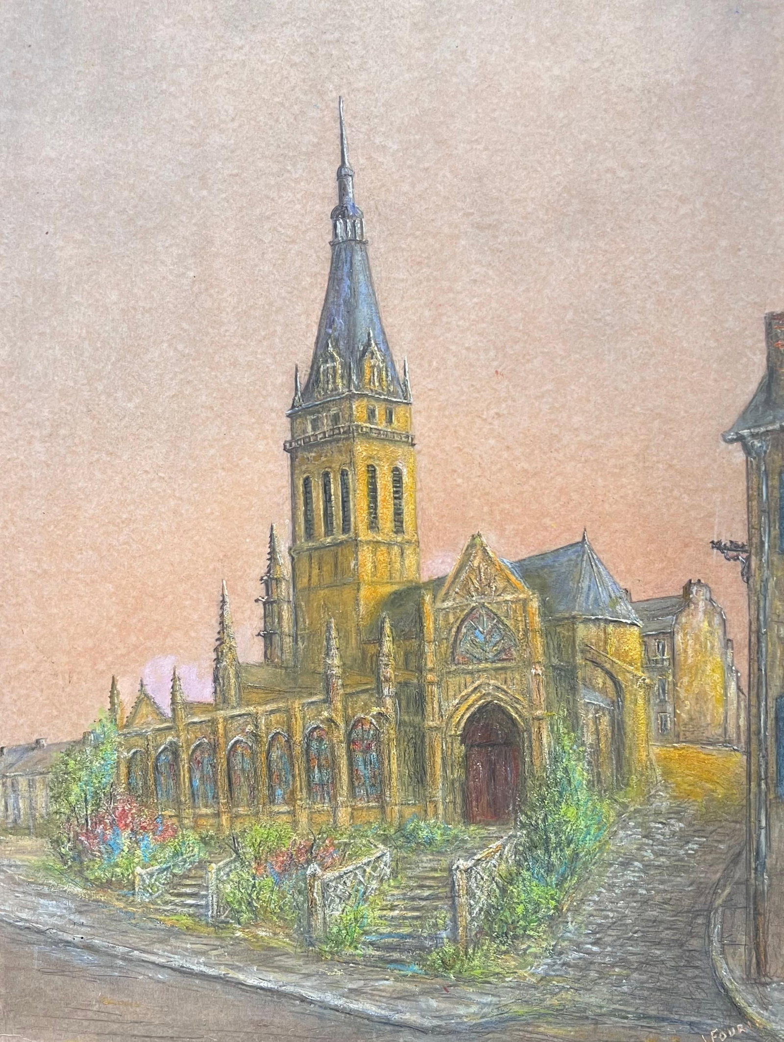 Jean Fourie Spire Church Village Town Oil Painting: Jean Fourie oil painting on card, depicting a church spire nestled within a village town. Size: 24 x 18 inches. Double-sided work. Provenance: private collection of the artist work, Champagne region, 