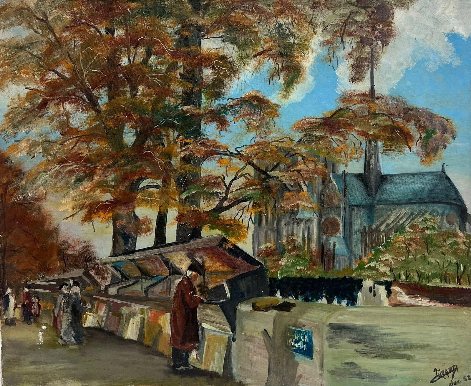 1960s French Oil Painting Book Sellers River Seine Paris: French School signed and dated oil on canvas, circa 1962, depicting the booksellers along the River Seine in Paris. Unframed canvas: 21 x 25.75 inches. Provenance: private collection. Atmospheric Pari