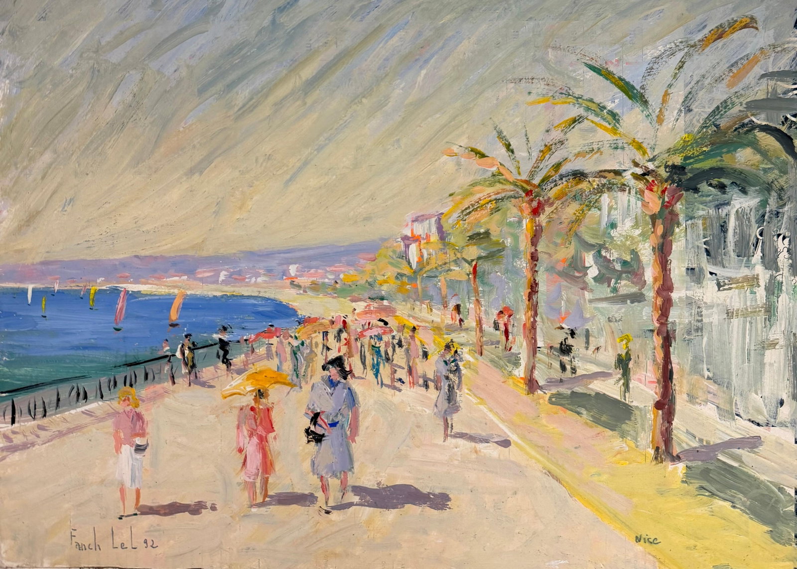 Fanch Lel Sunlit Nice Promenade Palm Trees Azure Coast Oil: Fanch Lel signed and dated 1992 oil on thin board, depicting the Nice promenade with palm trees, figures and the Côte d’Azur. Board: 13 x 16 inches. Provenance: artist estate. A bright Mediterranea