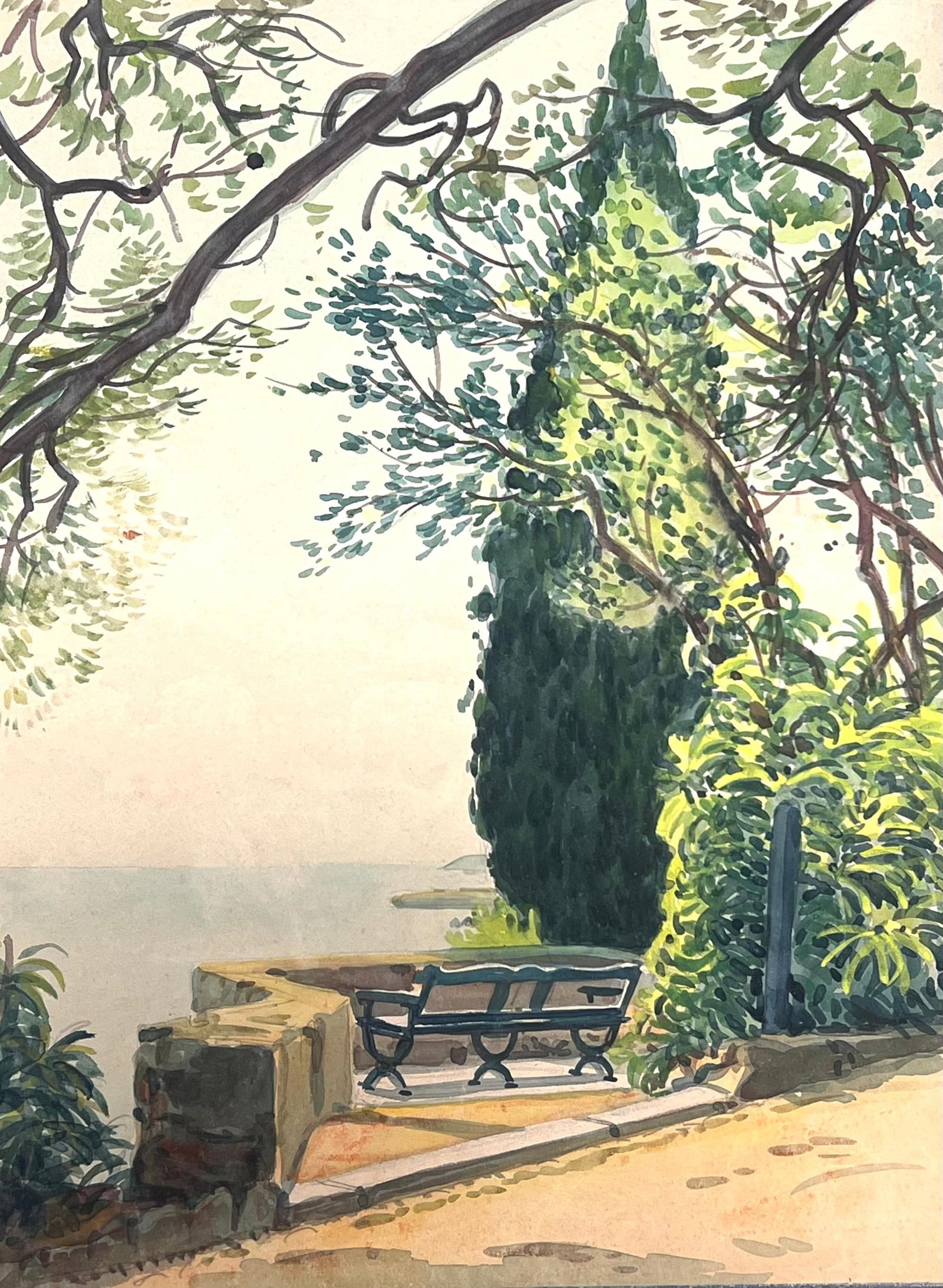 Tony Minartz Sunlit Bench Overlooking Mediterranean Watercolour (1 of 9)