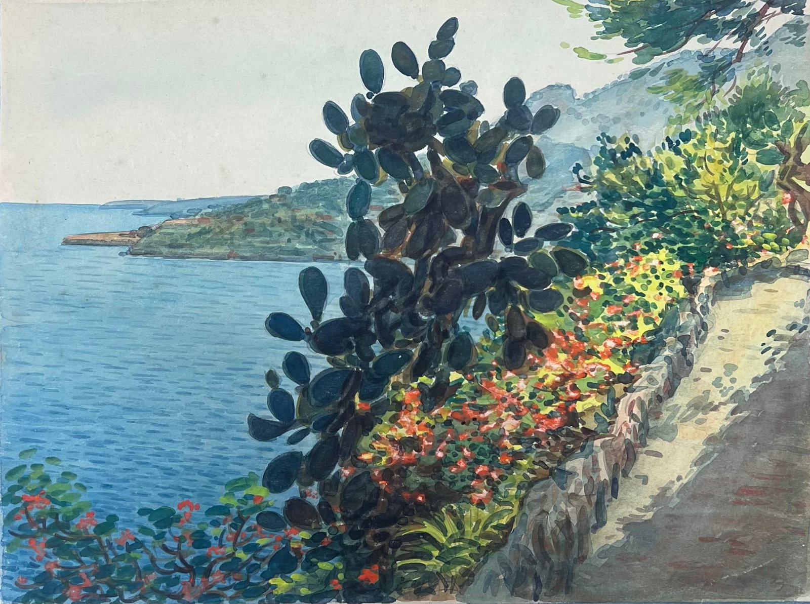 Tony Minartz Monaco Coastal Path Cactus Flowers Watercolour: Tony Minartz signed watercolour on artist paper, inscribed verso, depicting a sunlit coastal path in Monaco with cactus and blooming flowers. Painting: 13 x 17 inches. Provenance: private collection, 