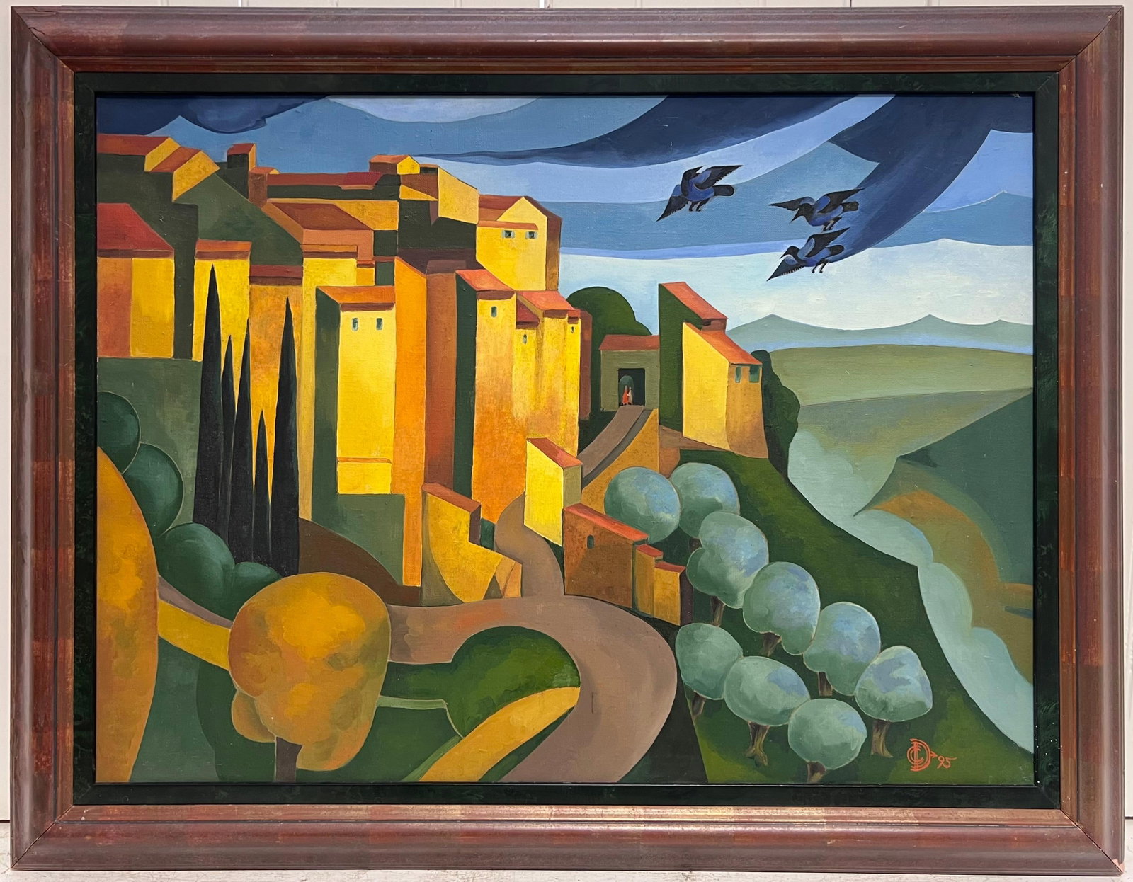 Large 1990s French Contemporary Oil Painting Gordes Luberon Provence: Large French contemporary oil painting on canvas, signed and dated 1995, depicting Gordes in the Luberon Valley, Provence. The work presents the famous hilltop village through a bold modern compositio