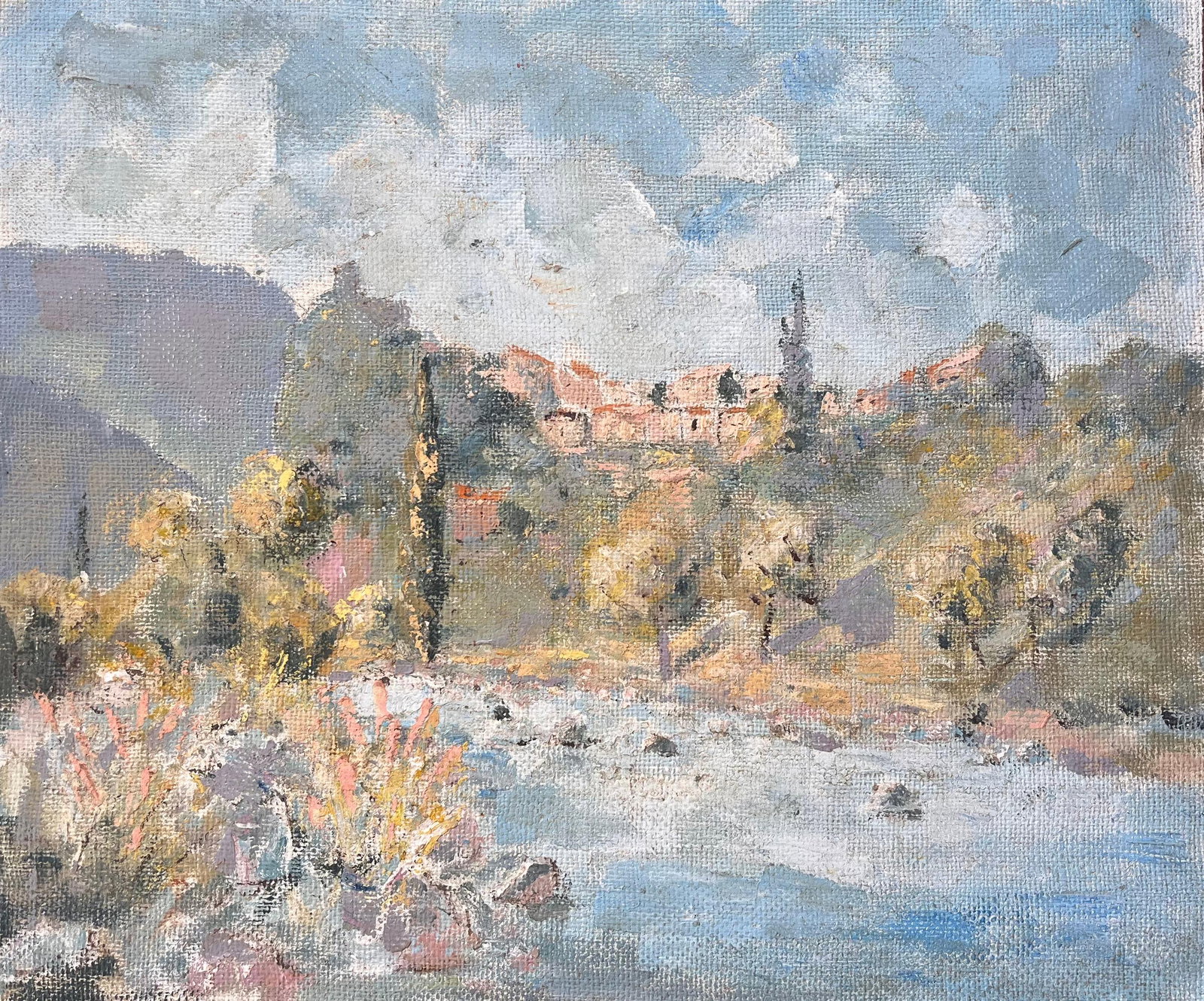 Fanch Lel Impressionist Mountain Village River Cypress Trees Oil Painting (1 of 8)