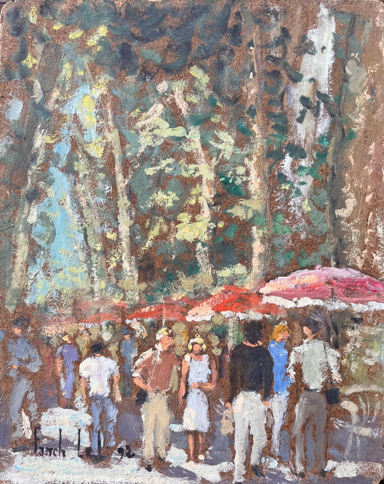 Fanch Lel Impressionist Promenade Scene with Red Parasols Aix en Provence: Original 1992 French Impressionist oil painting on board by Fanch Lel (French, 1930), signed and offered unframed. The scene captures a lively promenade or market gathering in Aix-en-Provence, with fi