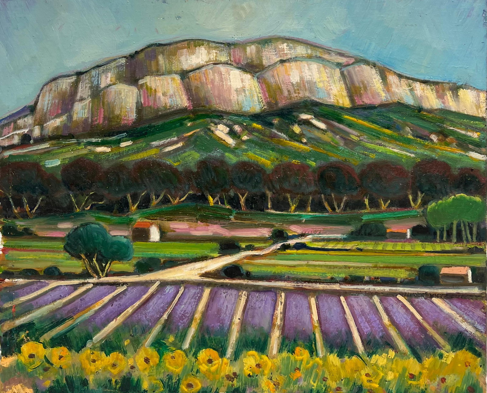 Max Toutain Lavender Fields Below Mossy Valley Cliffs French Oil Painting: Original French Post-Impressionist oil painting on canvas by Max Toutain (1935-2006), offered unframed. Titled Lavender Fields, the composition looks across rows of purple lavender and yellow flowers 