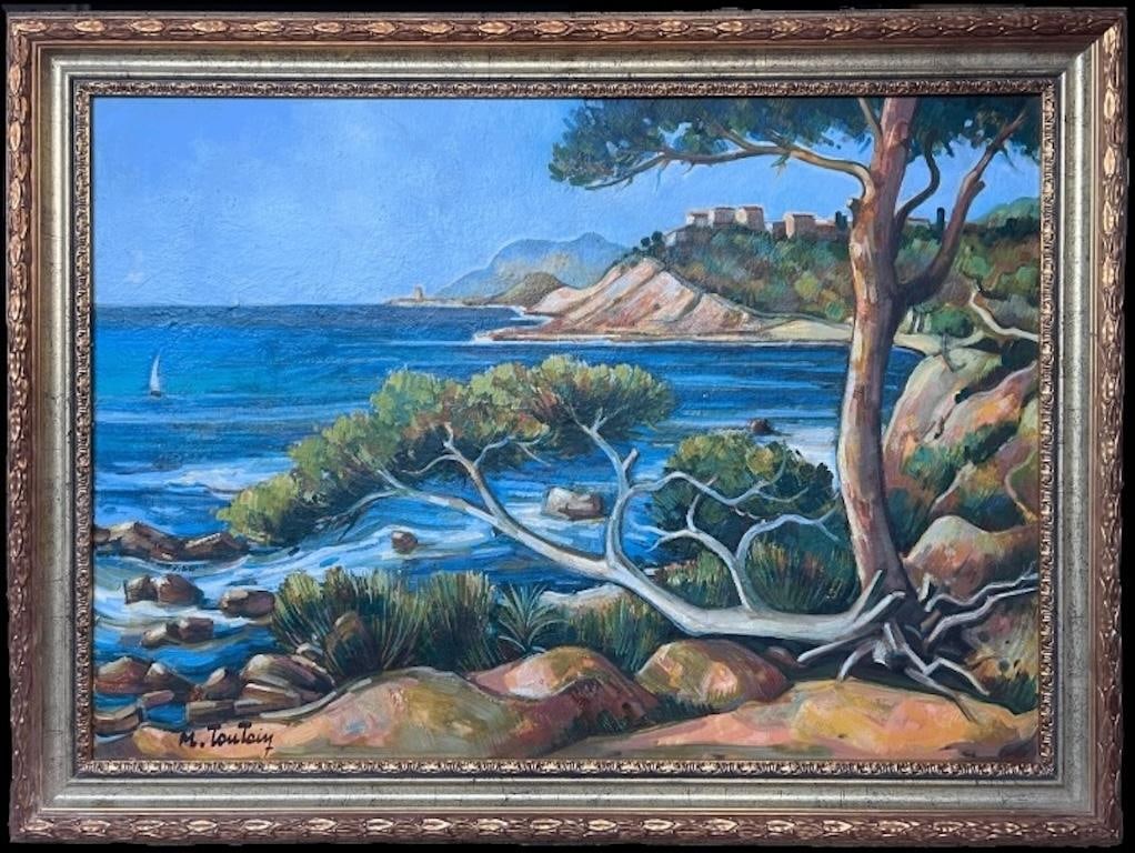 Max Toutain Cote dAzur Blue Sea Coastal French Post Impressionist Oil Painting: Original French Post-Impressionist oil painting on canvas by Max Toutain (1935-2006), signed and presented framed. Titled The Blue Coast, the composition shows the Côte d'Azur coastline with brillian