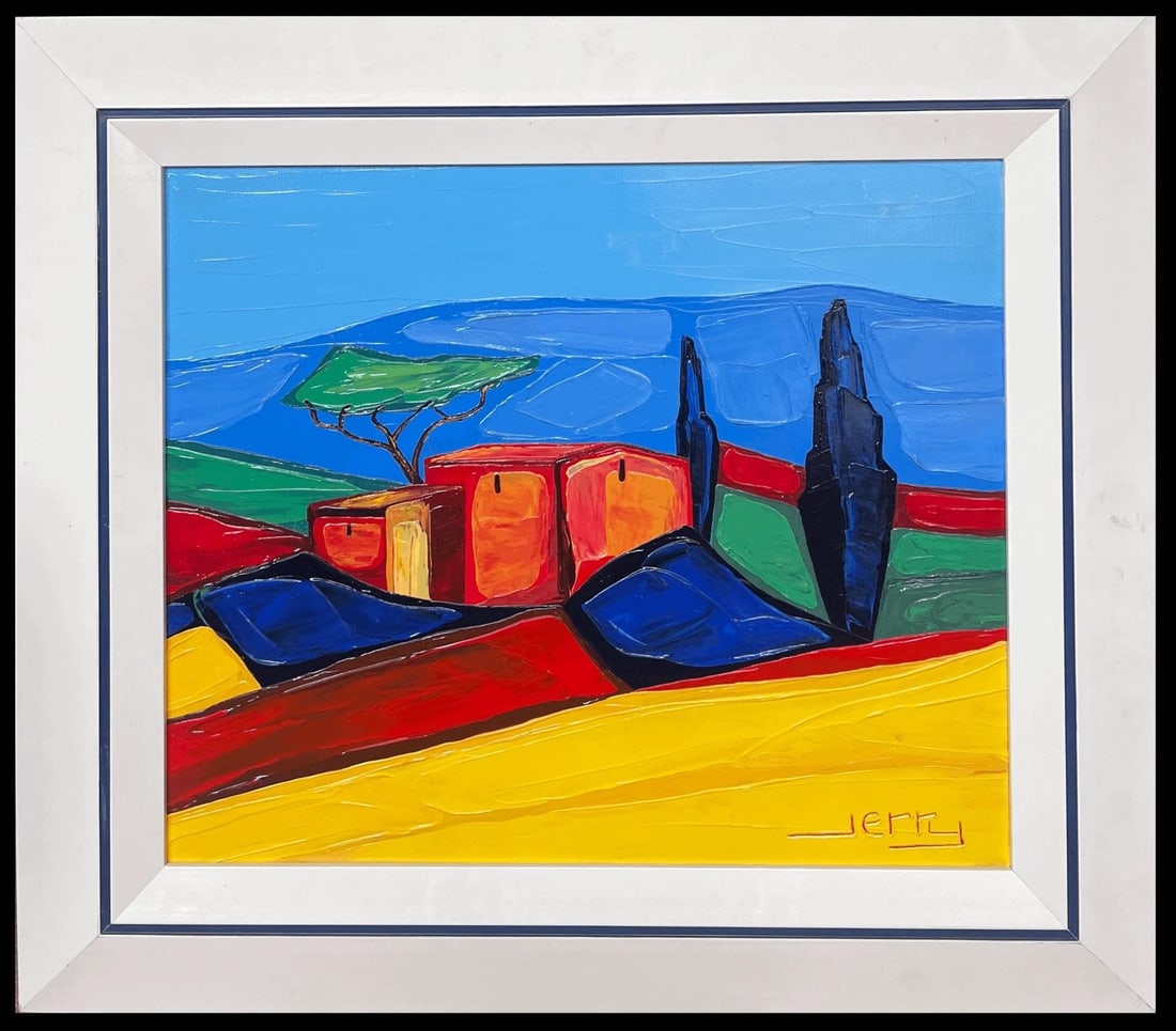 Biot South of France Provence Sun Scorched Landscape Colorful Painting: Original 2004 French School acrylic painting on canvas, signed and presented framed. Inscribed Biot, Provence verso, the work uses bold blocks of blue, red, yellow and green to suggest a sun-scorched 